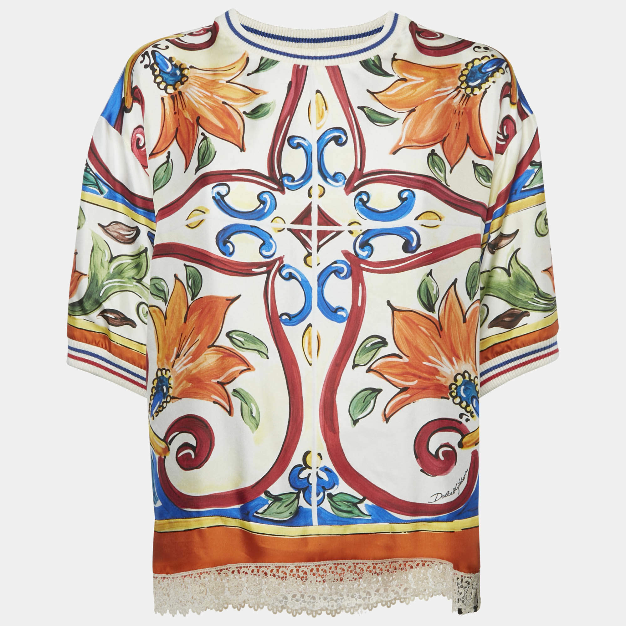 Pre Owned Dolce & Gabbana Multicolor Majolica Print Silk Lace Trim Top L