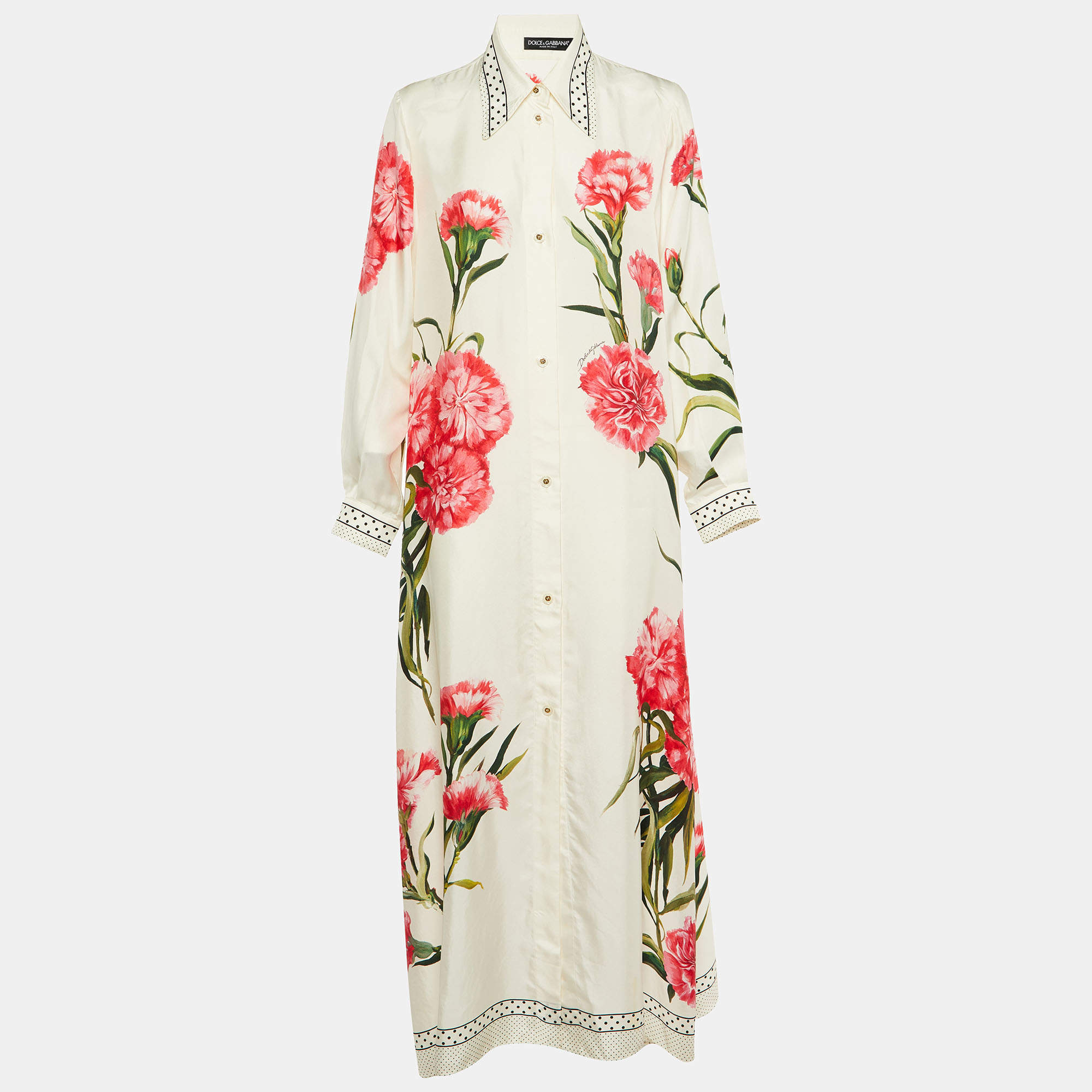 Pre Owned Dolce & Gabbana White Floral Print Silk Button Up Maxi Dress M