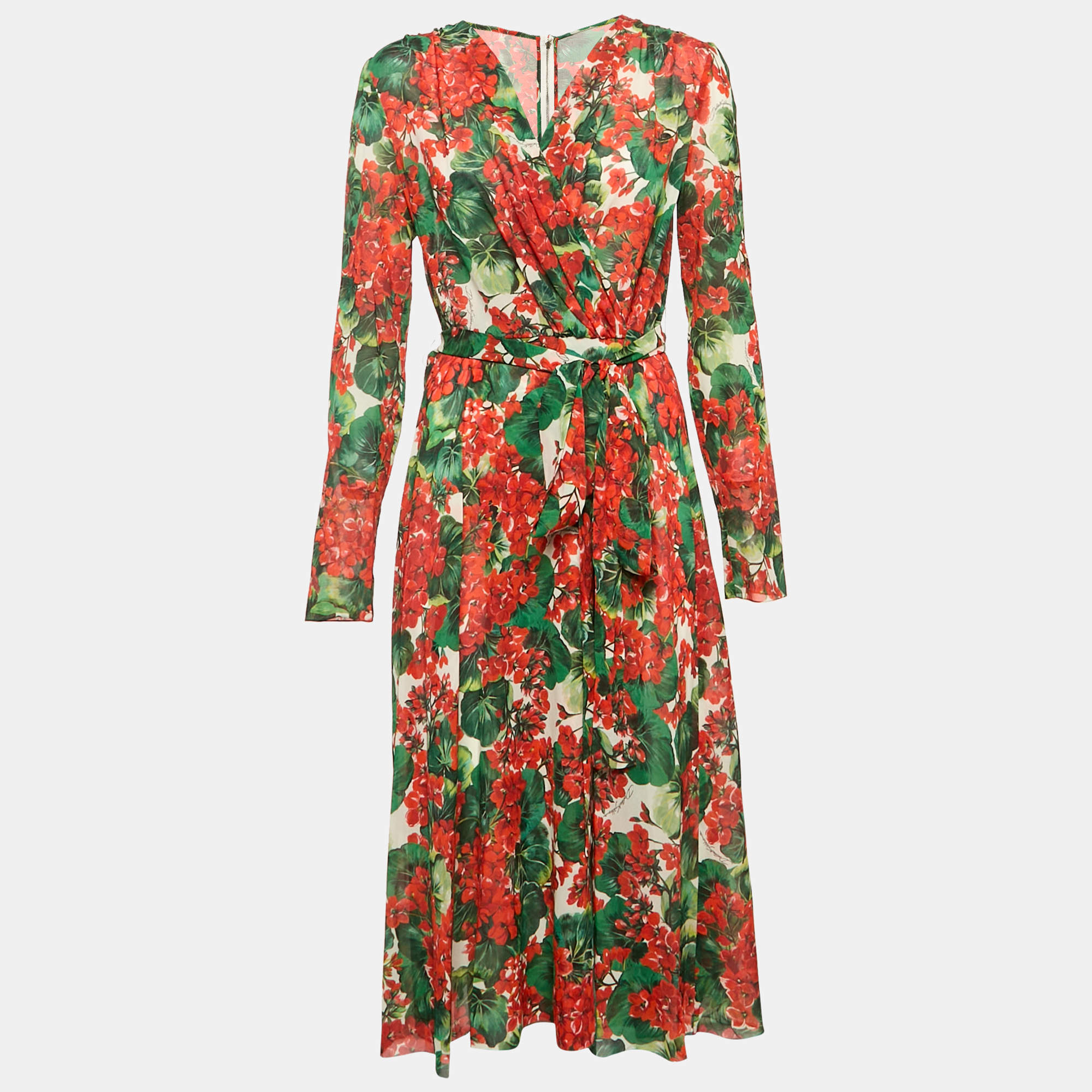 Dolce & Gabbana Multicolor Floral Print Silk Belted Midi Dress L
