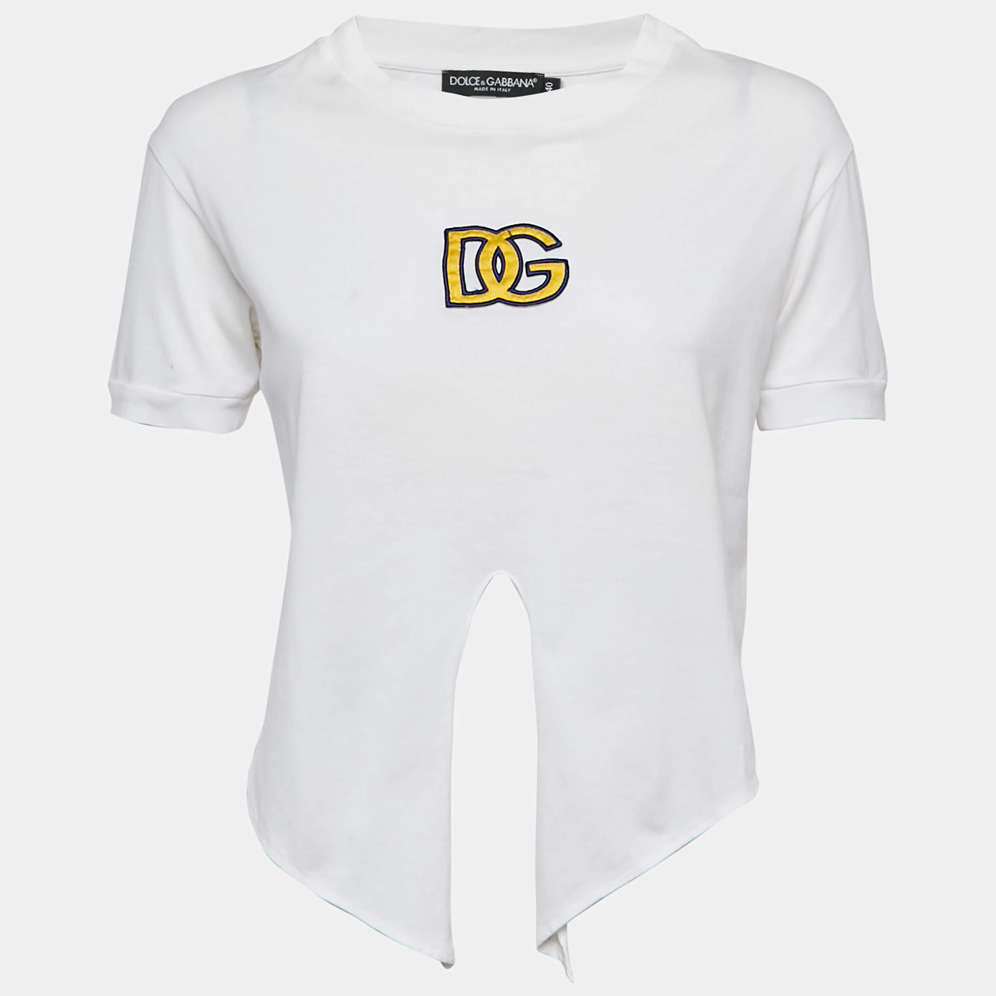 Pre Owned Dolce & Gabbana White Logo Embroidered Jersey Crop T-Shirt S