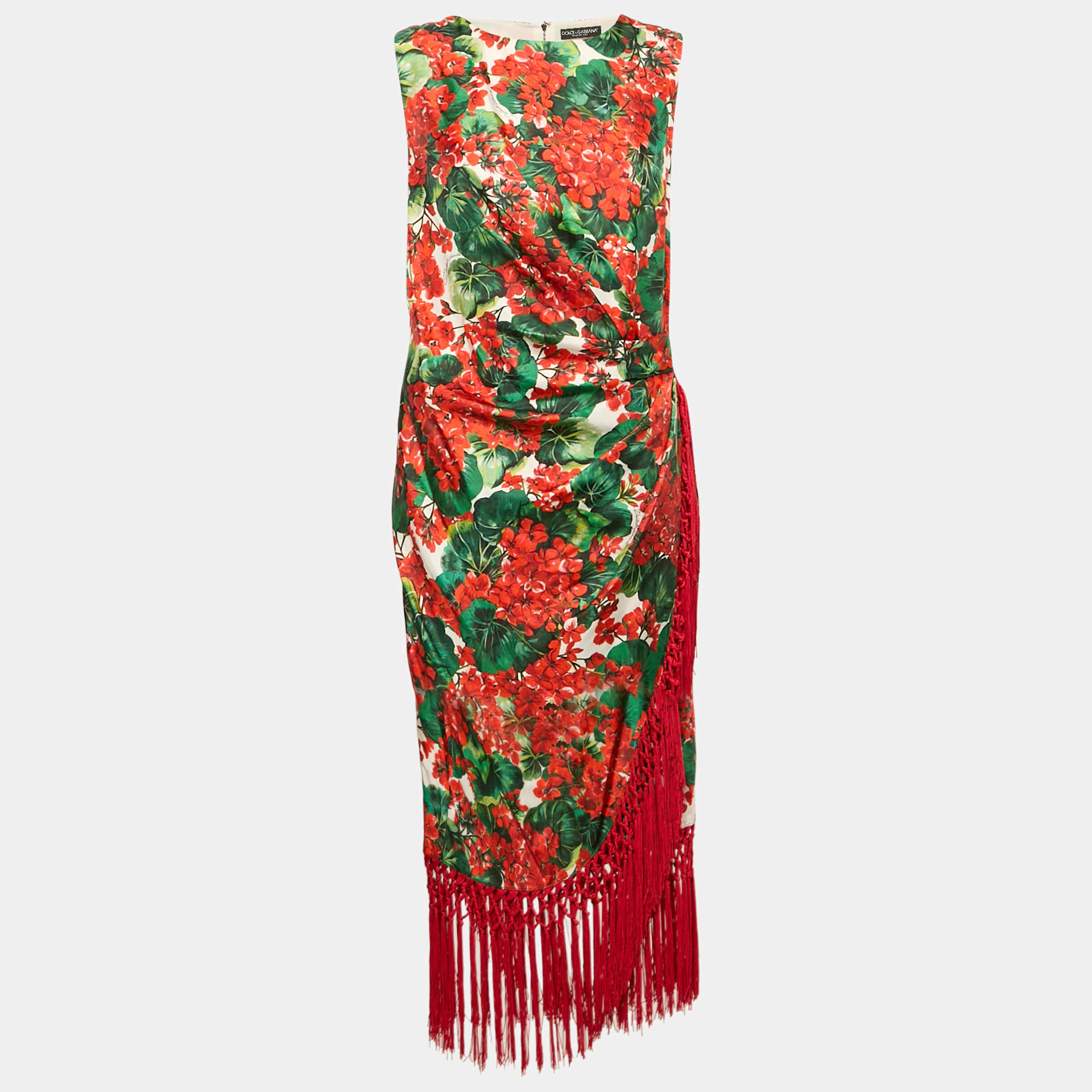 Dolce & Gabbana Multicolor Floral Print Silk Tasseled Sleeveless Dress S