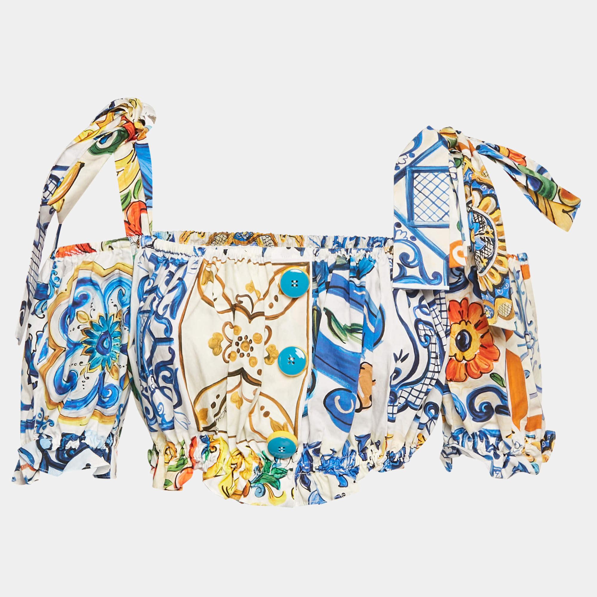 Pre Owned Dolce & Gabbana Multicolor Majolica Print Poplin Off Shoulder Crop Top S