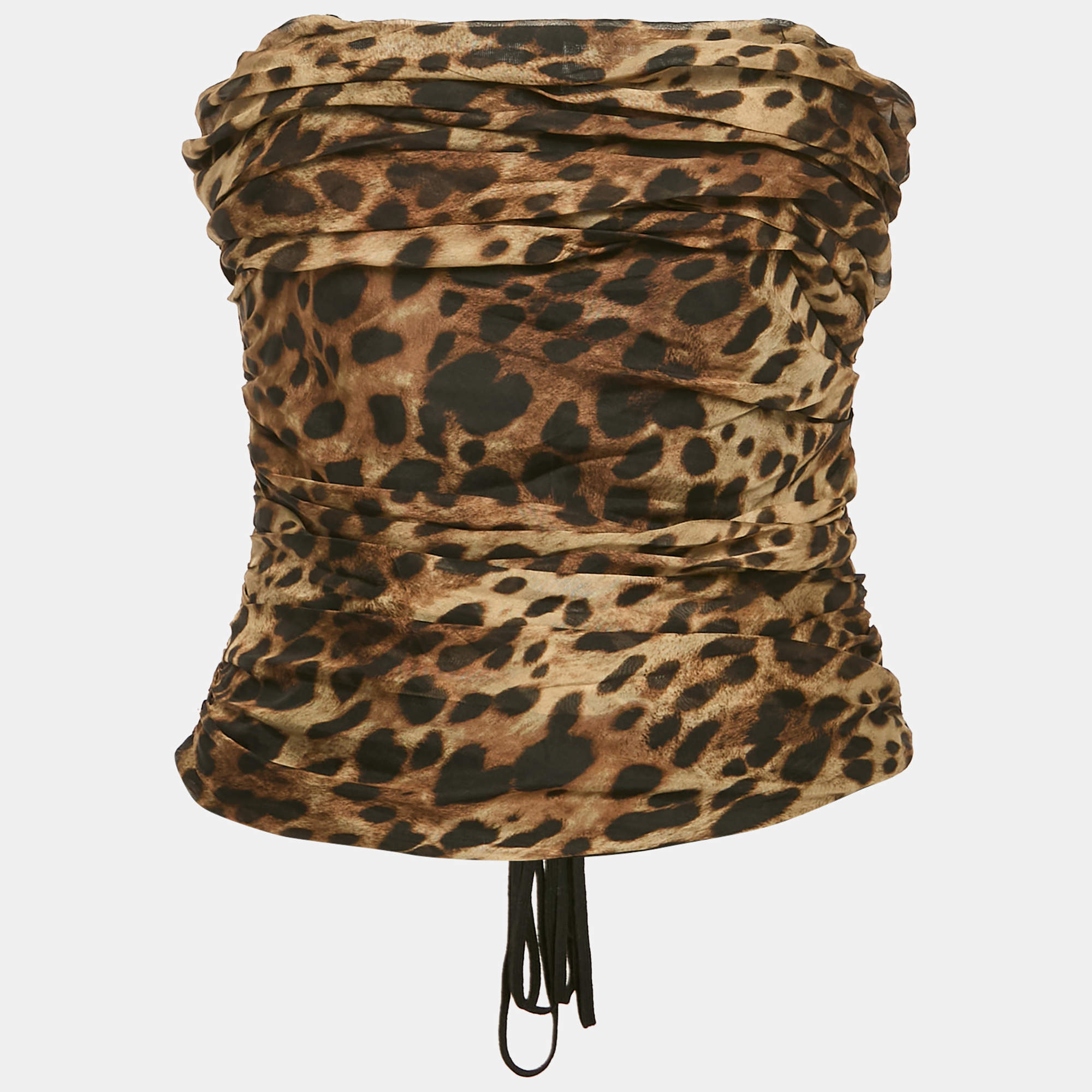 Pre Owned Dolce & Gabbana x Skins Brown Leopard Print Silk Lace-Up Bandeau Corset Top M