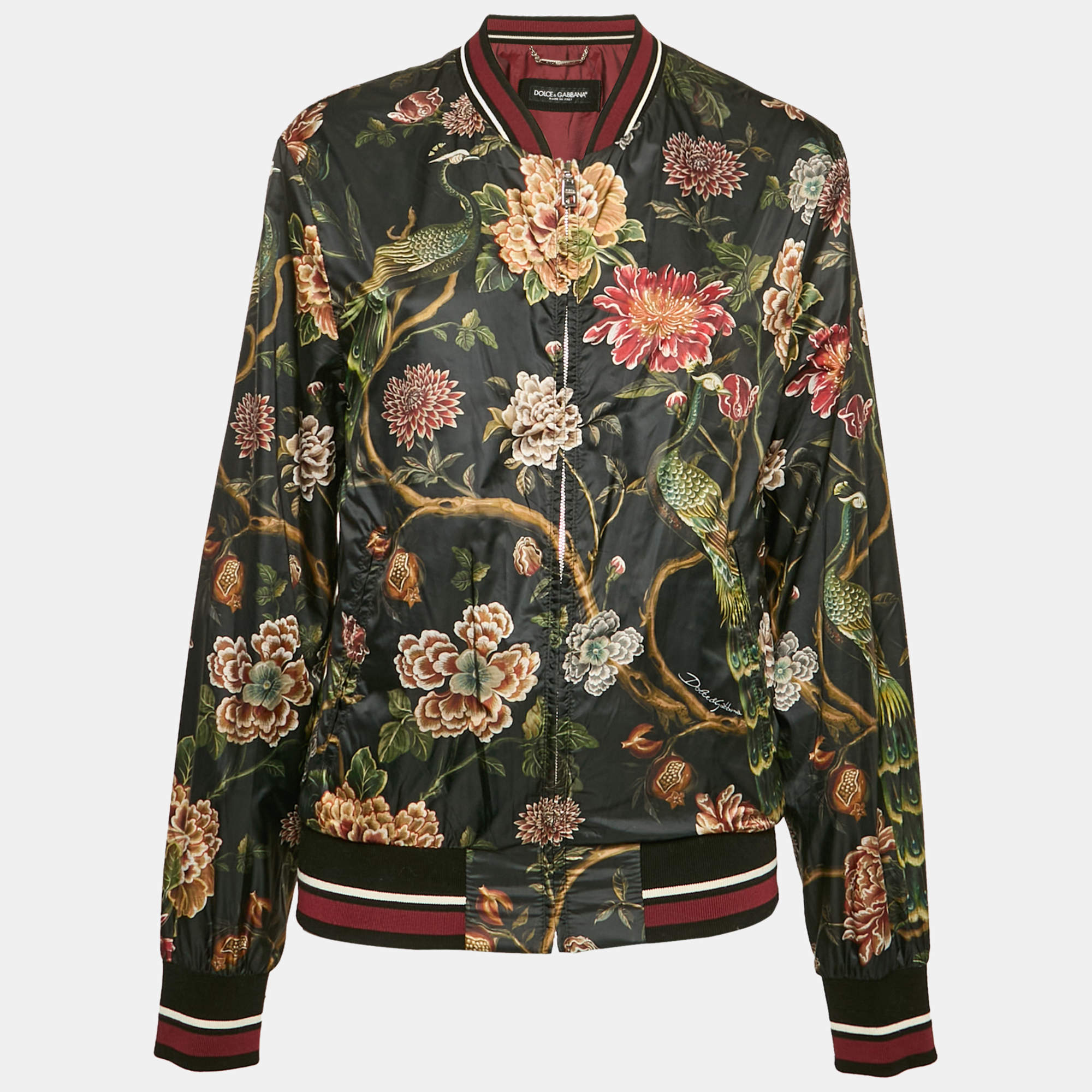 Dolce & Gabbana Black Floral Print Synthetic Bomber Jacket L