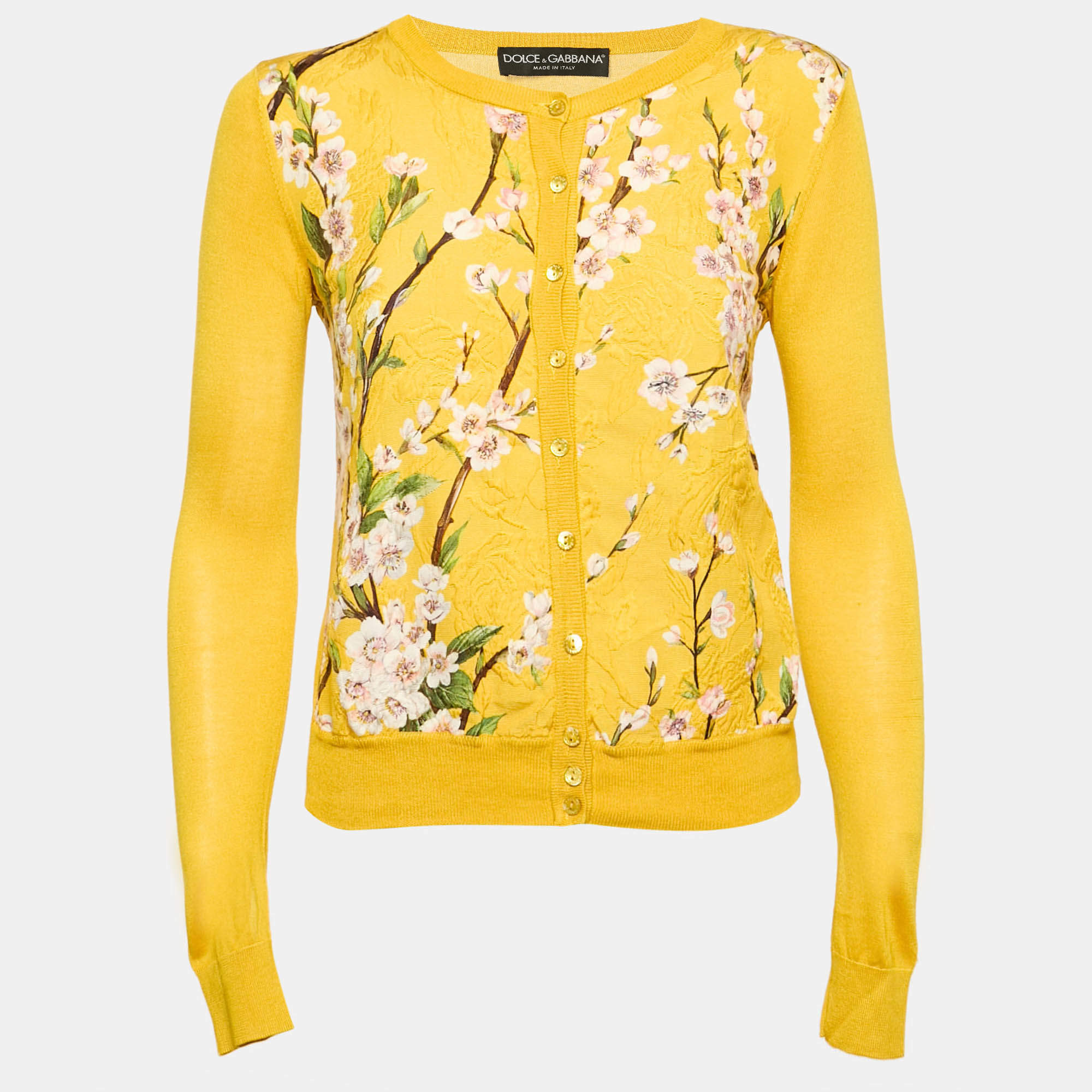 Dolce & Gabbana Yellow Printed Silk Blend Button Front Cardigan S