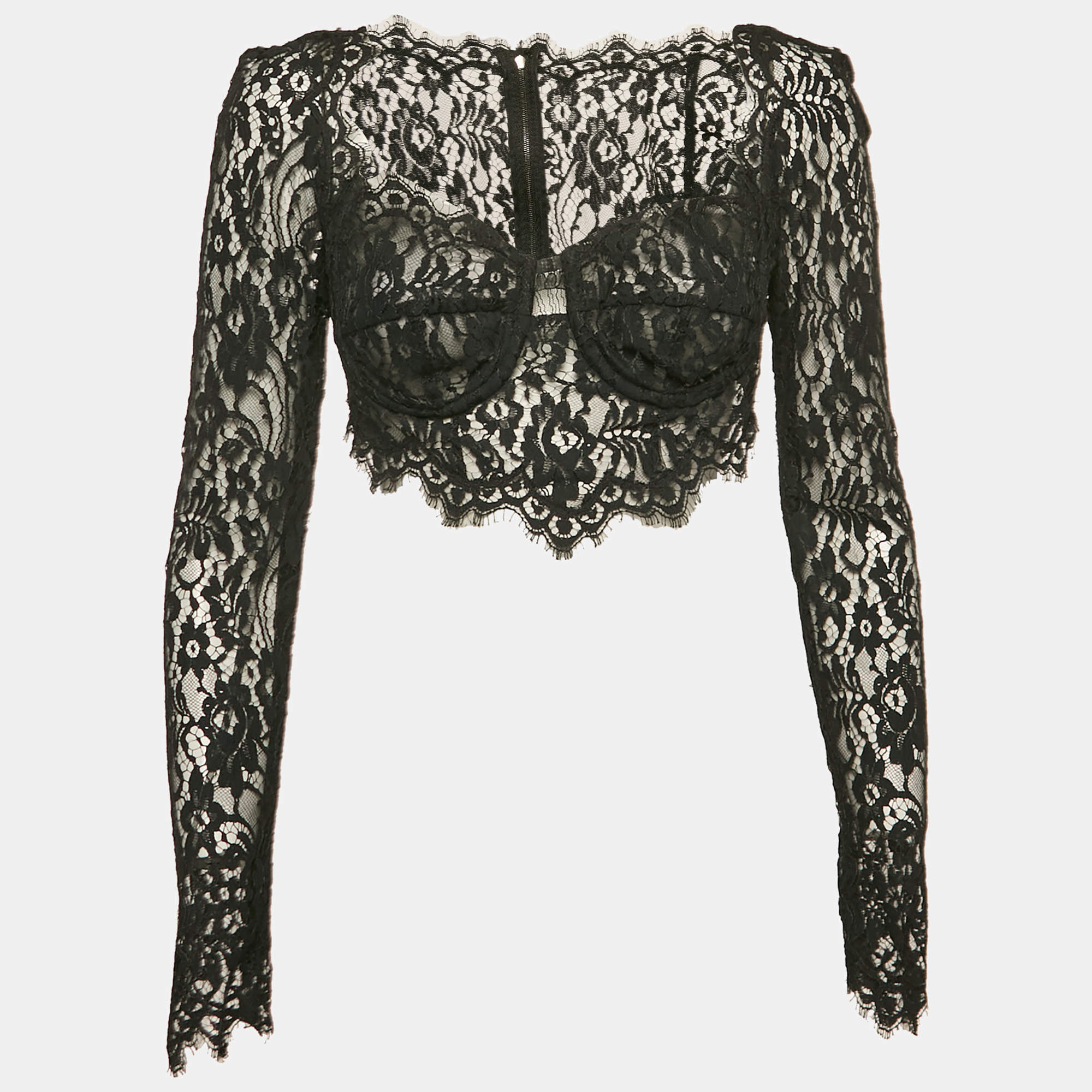 مملوكة مسبقًا Dolce & Gabbana Black Floral Lace Sheer Bustier Crop Top M