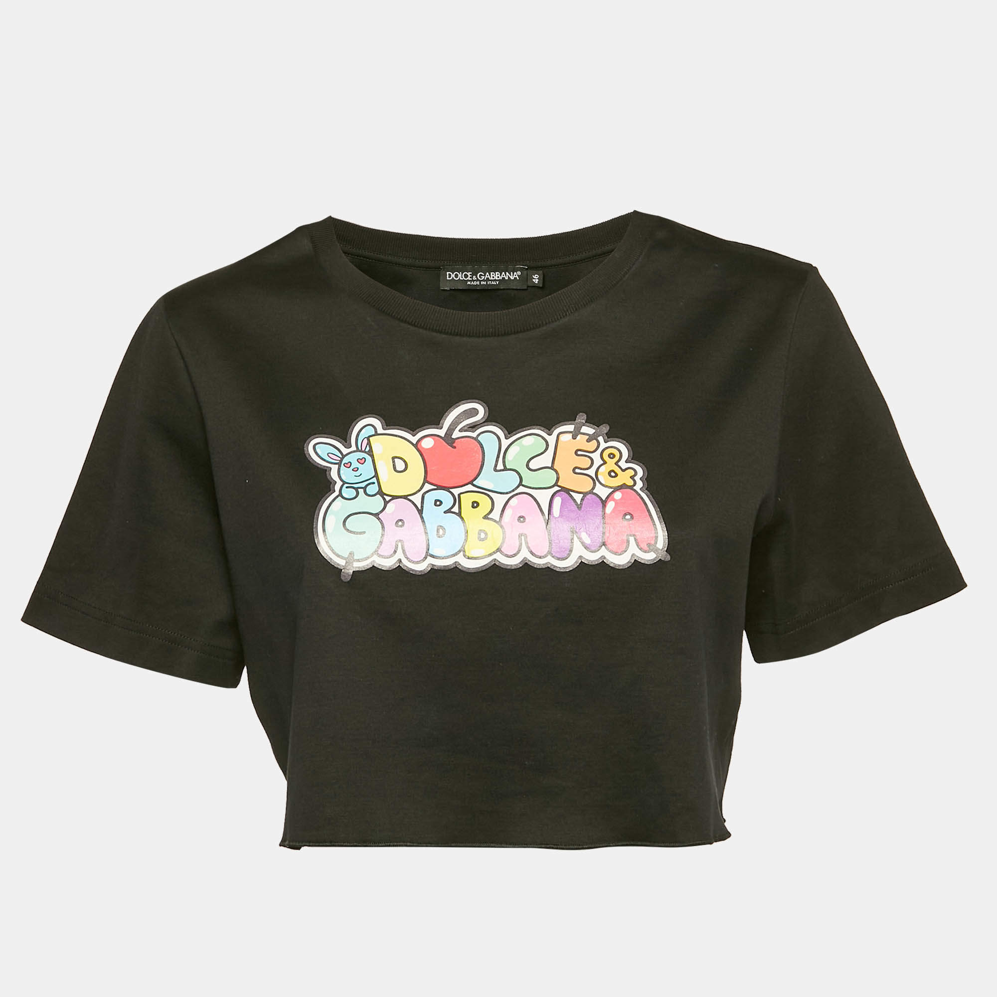 Pre Owned Dolce & Gabbana Black Printed Cotton Crop Top L