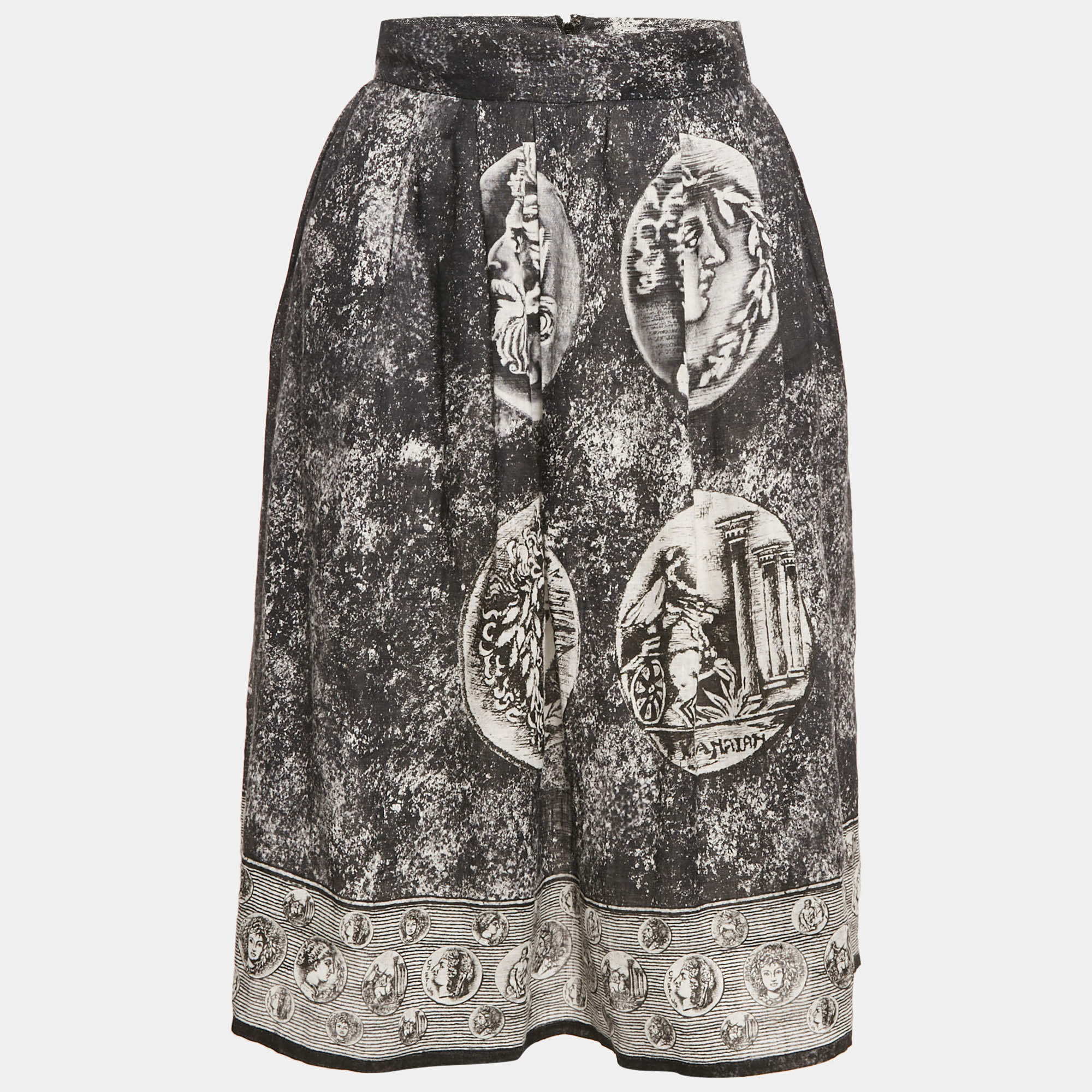 Dolce & Gabbana Black Printed Linen Pleated Midi Skirt S