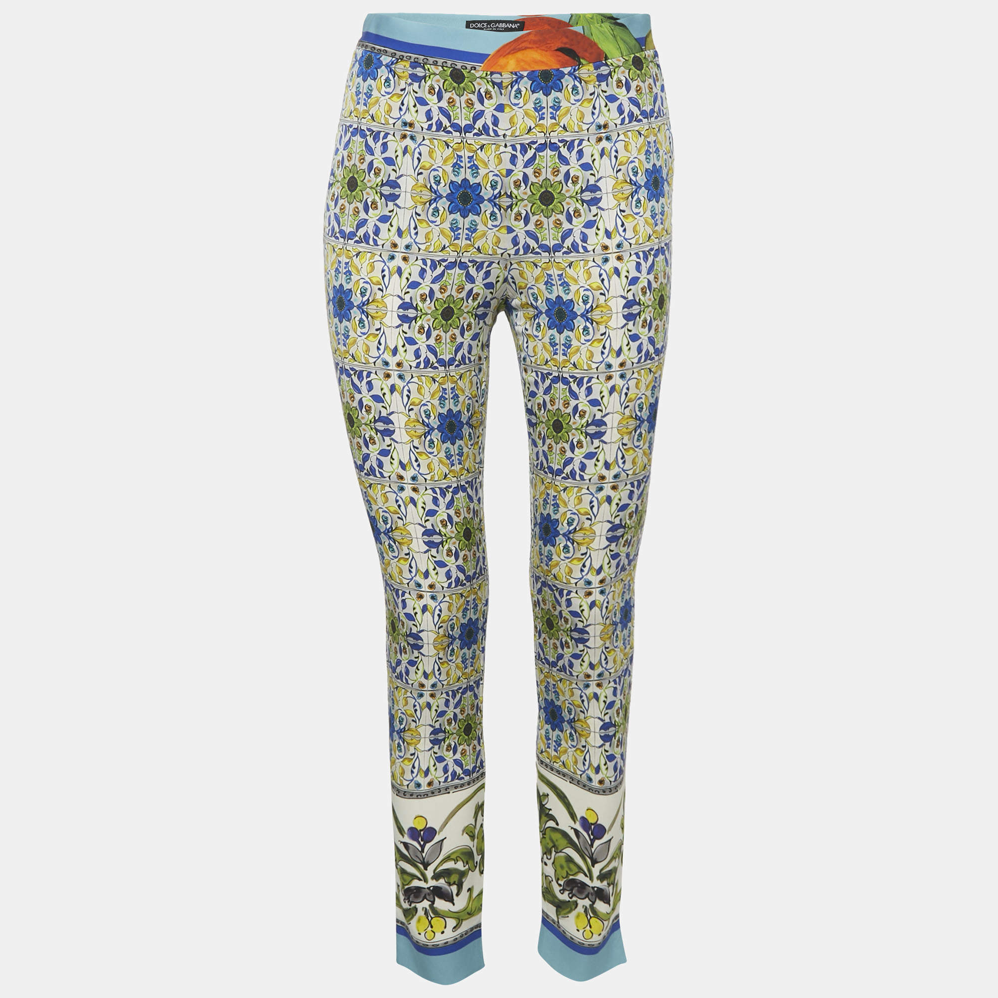 Dolce & Gabbana Multicolor Majolica Printed Stretch Silk Trousers S