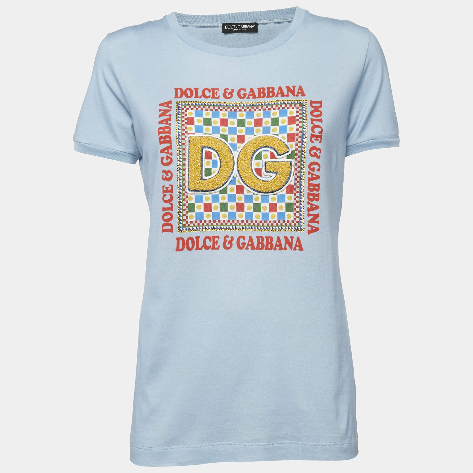 Pre Owned Dolce & Gabbana Light Blue Logo Embellished Knit Crew Neck T-Shirt M