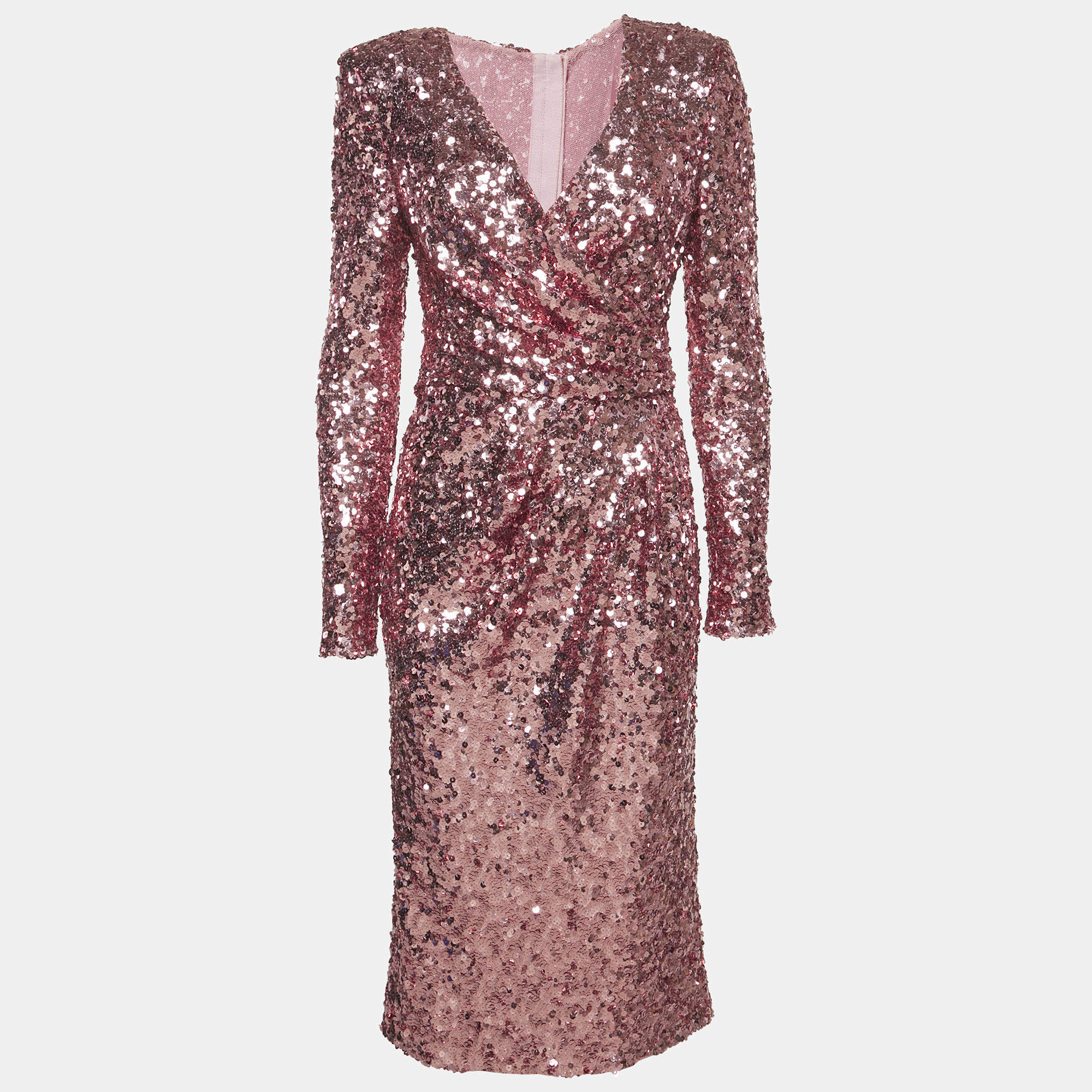 Dolce & Gabbana Pink Metallic Sequin Mesh Draped Midi Dress M
