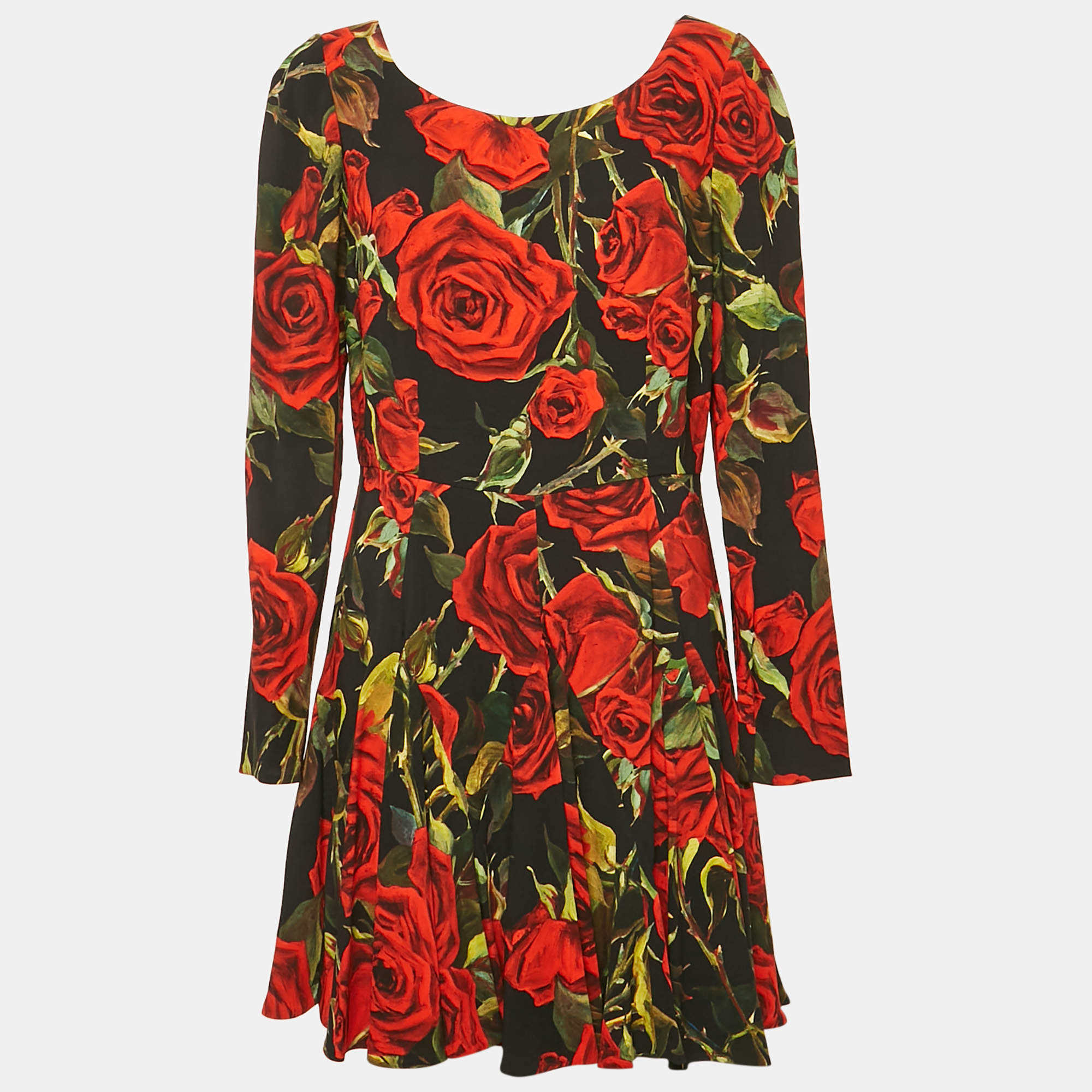 Dolce & Gabbana Black Rose Print Crepe Flared Mini Dress L