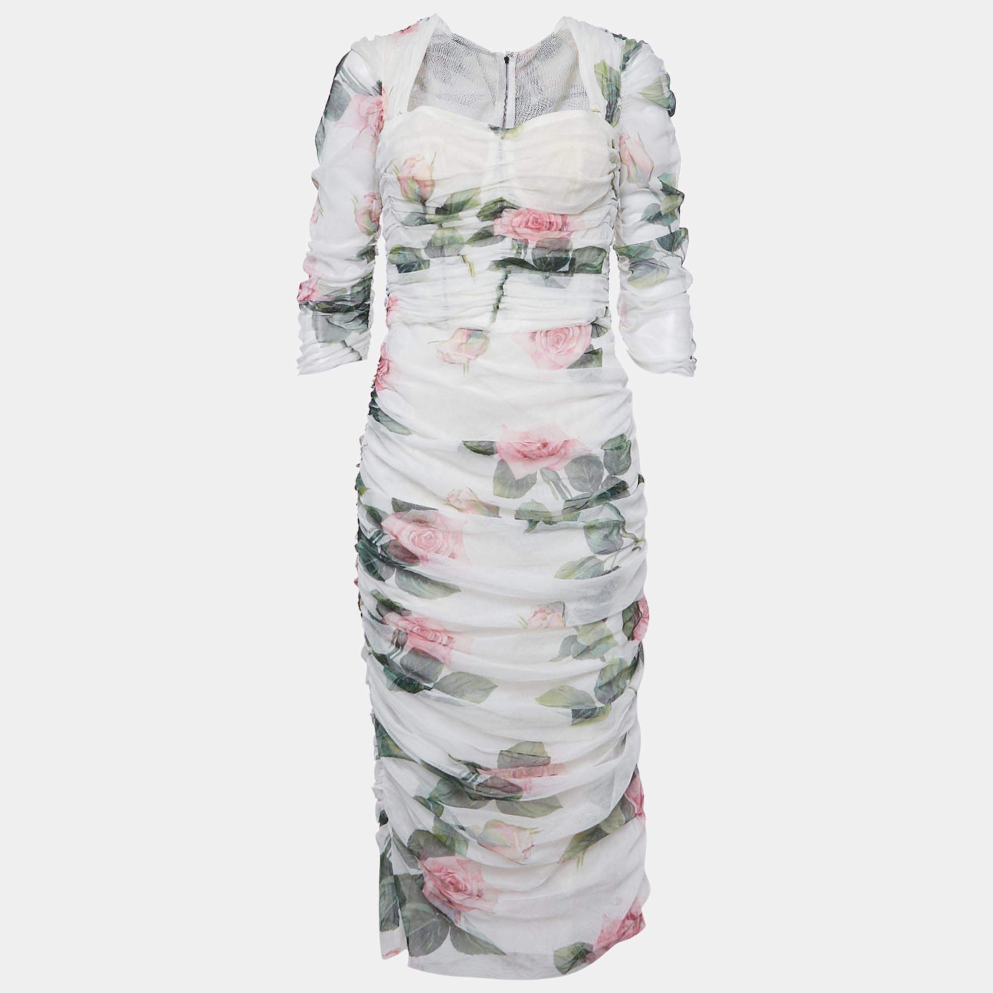 Pre Owned Dolce & Gabbana White Floral Print Tulle Ruched Midi Dress L