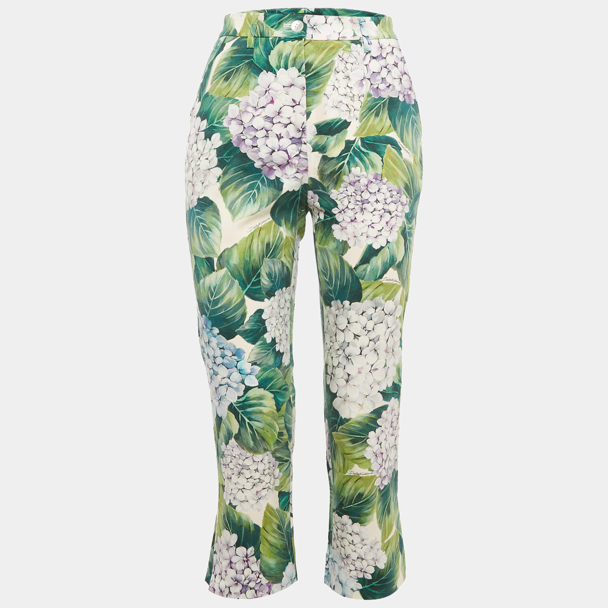 Dolce & Gabbana Green Hydrangea Print Cotton Trousers S