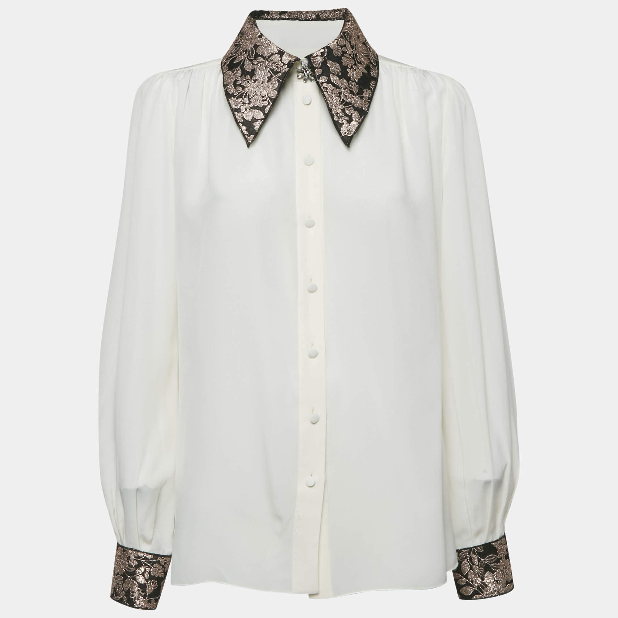 Dolce & Gabbana x Sartoria Italiana Ecru Brocade Trim Silk Shirt M