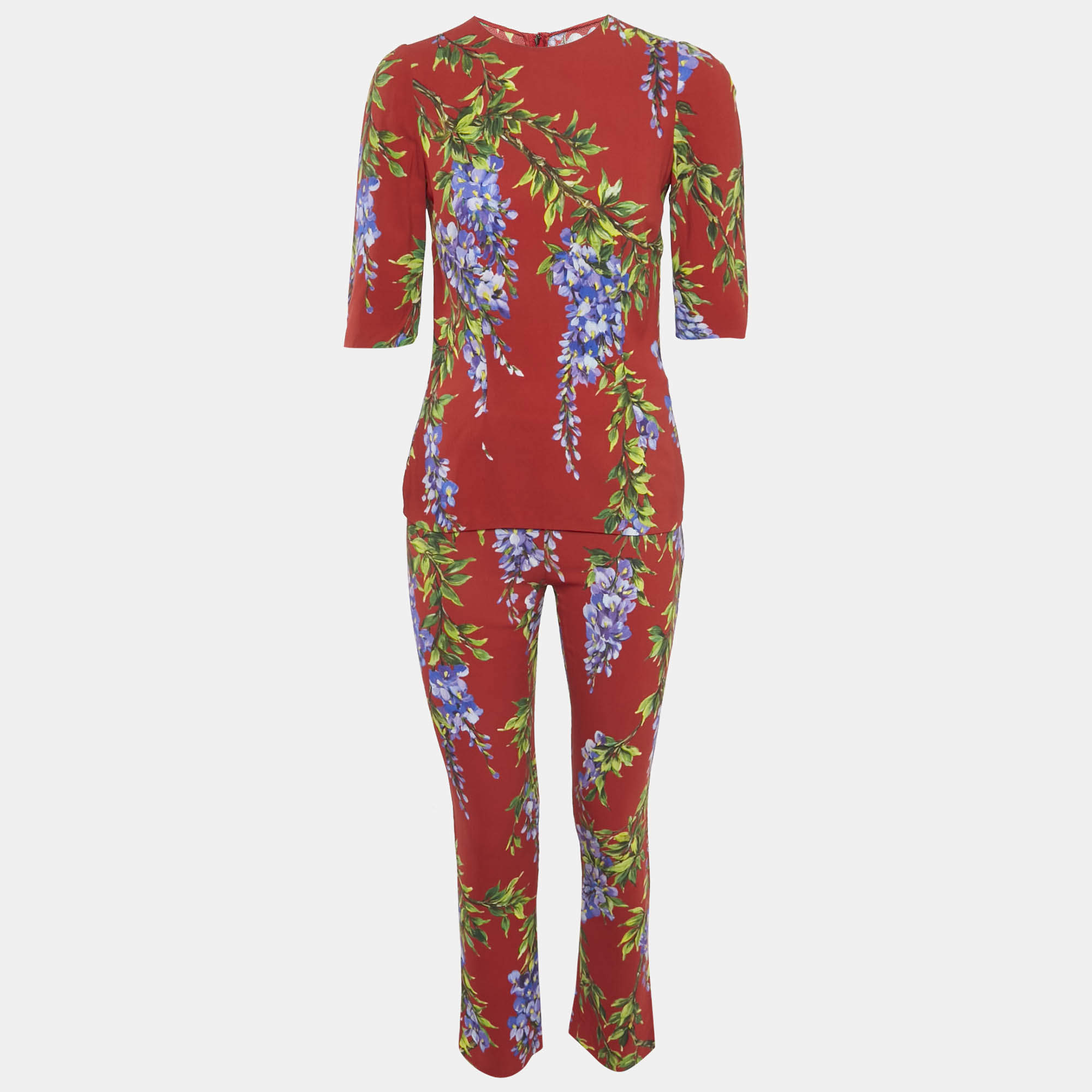 Pre Owned Dolce & Gabbana Red Floral Print Crepe Top and Pants Set S