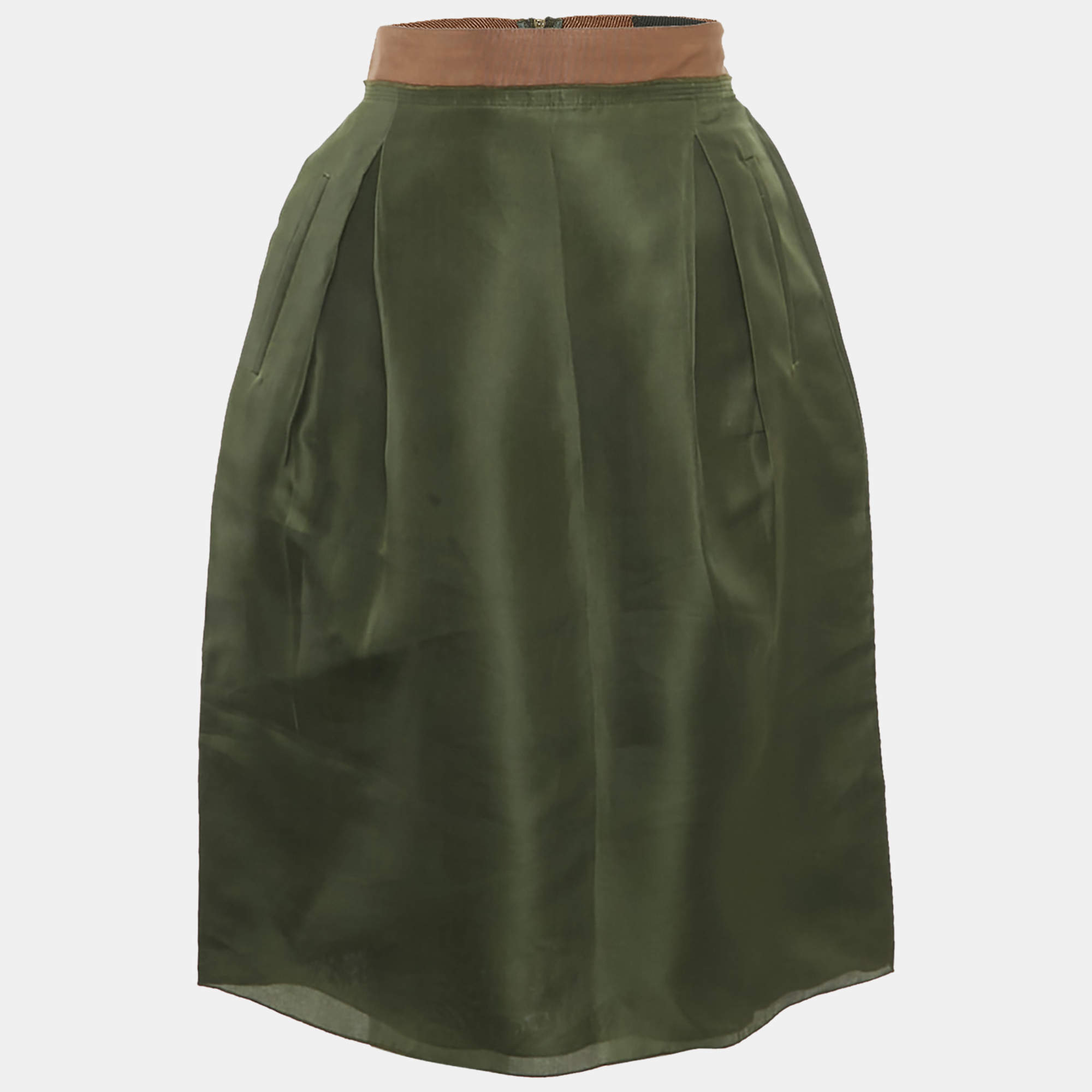 Pre Owned Dolce & Gabbana Dark Green Silk Ruffled Midi Skirt M