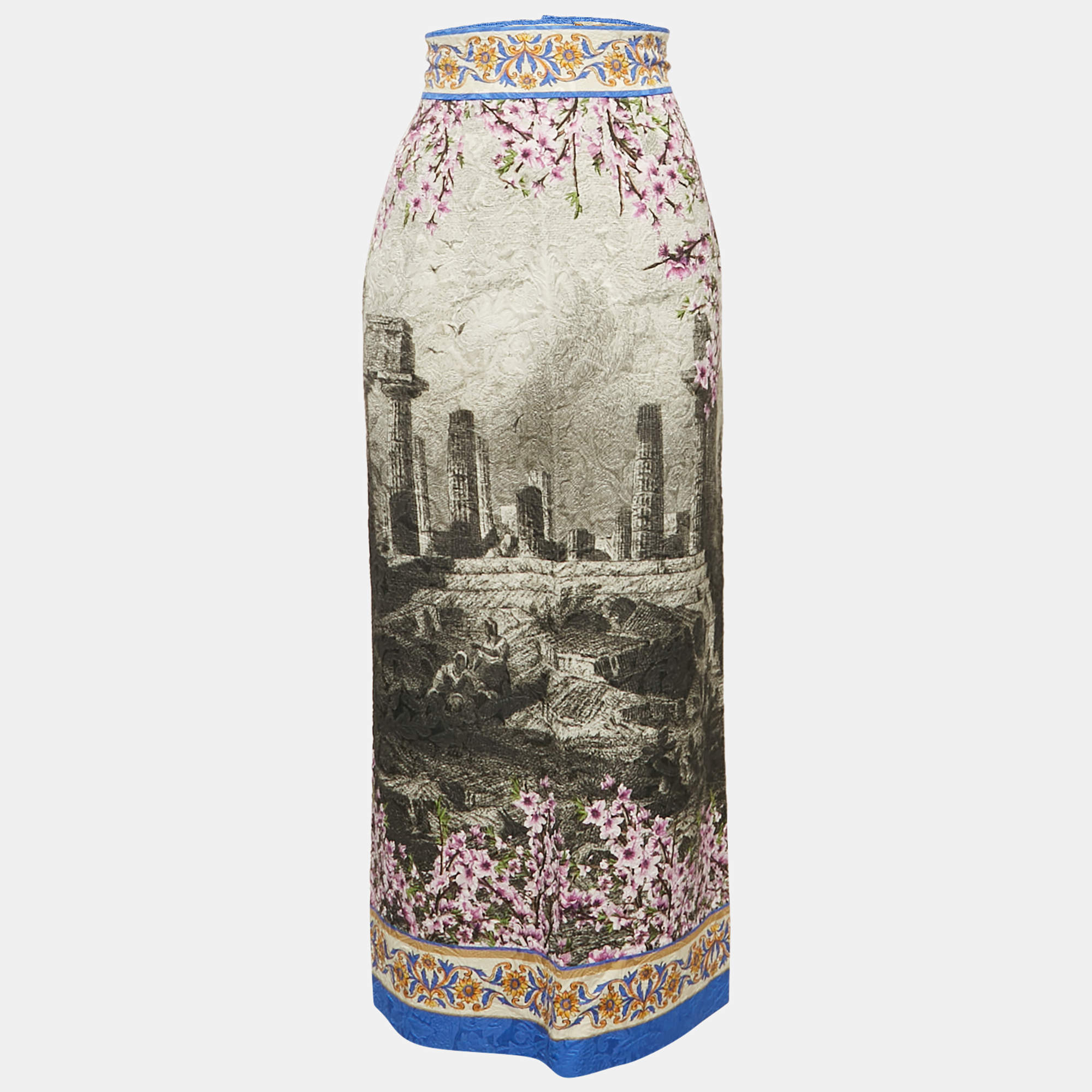 Dolce & Gabbana Grey Floral Jacquard Midi Skirt S