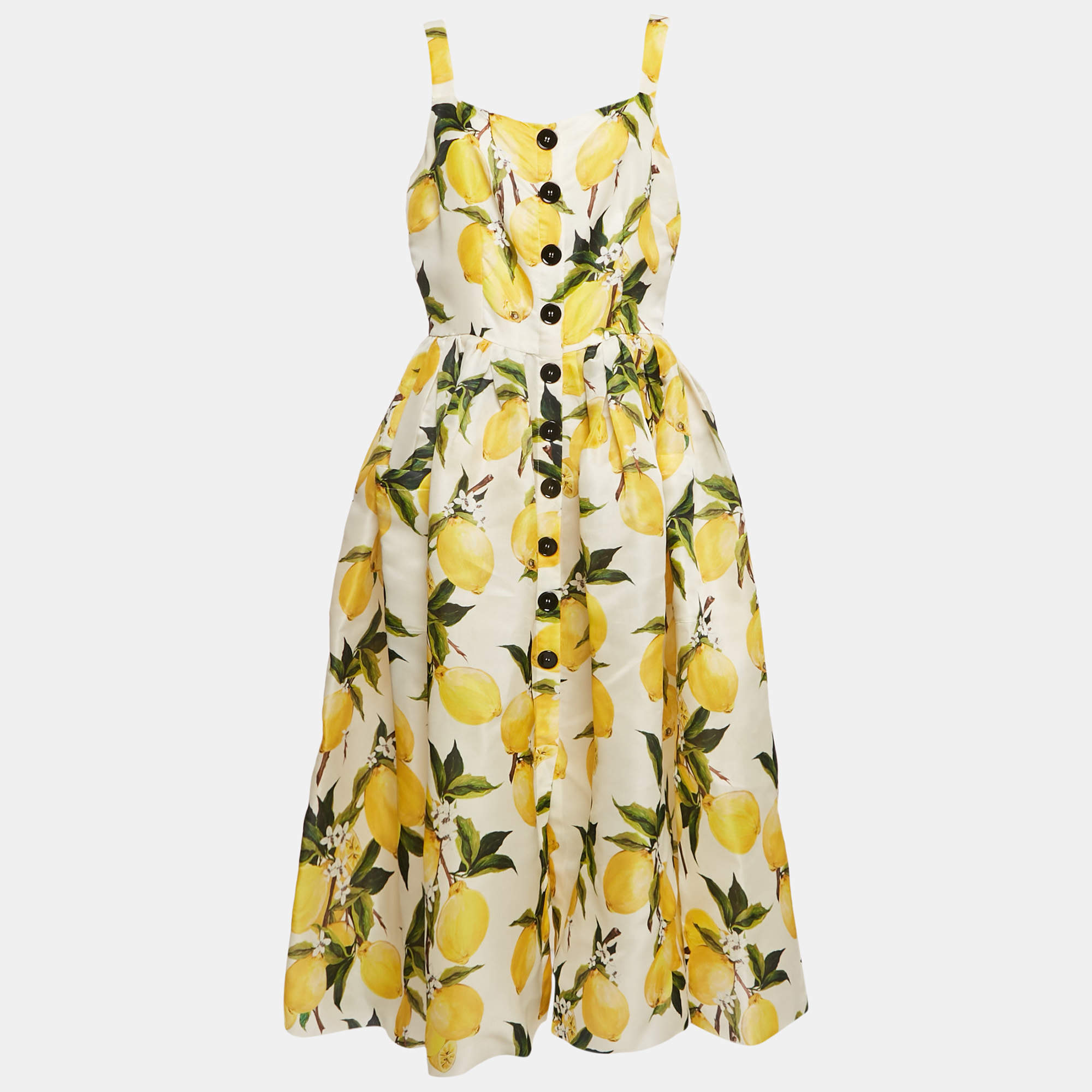Dolce & Gabbana Yellow Lemon Print Silk Flared Midi Dress L
