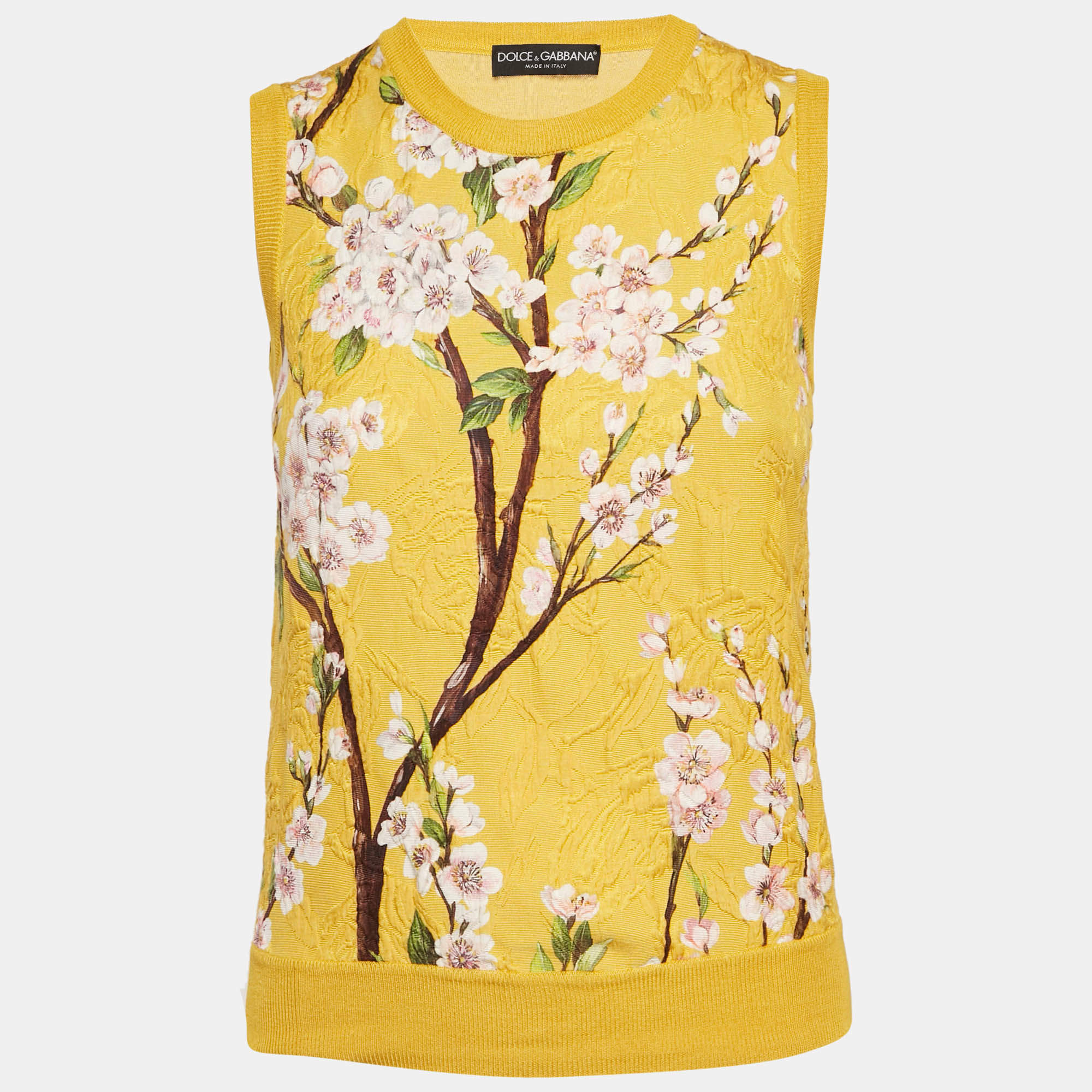 Dolce & Gabbana Yellow Floral Print Silk and Cotton Knit Sleeveless Top S