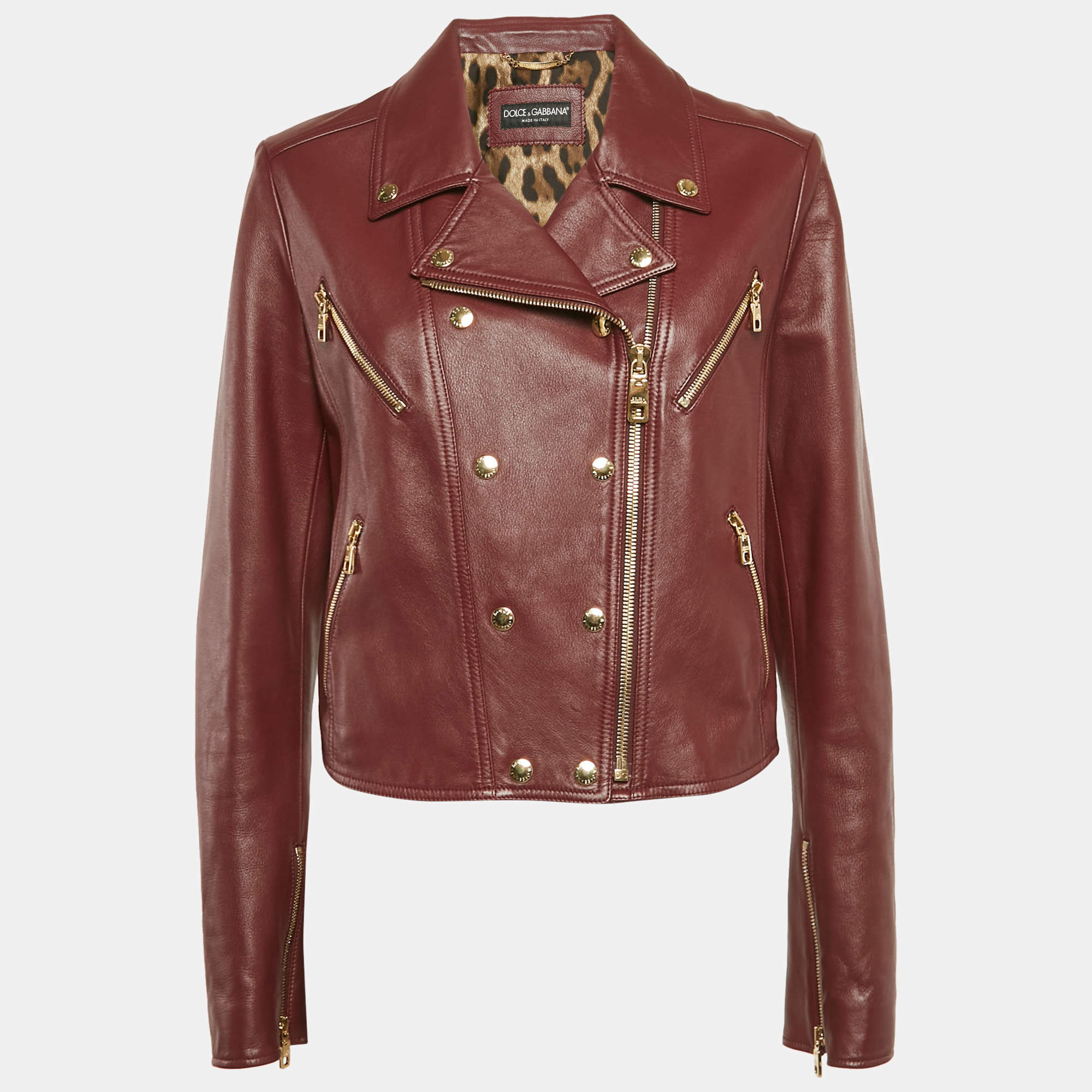 Dolce & Gabbana Burgundy Leather Zip-Up Riders Jacket XL
