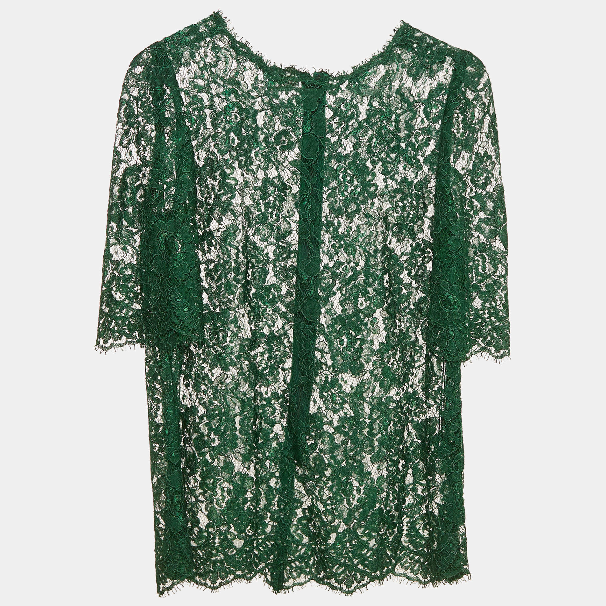 Pre Owned Dolce & Gabbana Green Floral Lace Sheer Top S