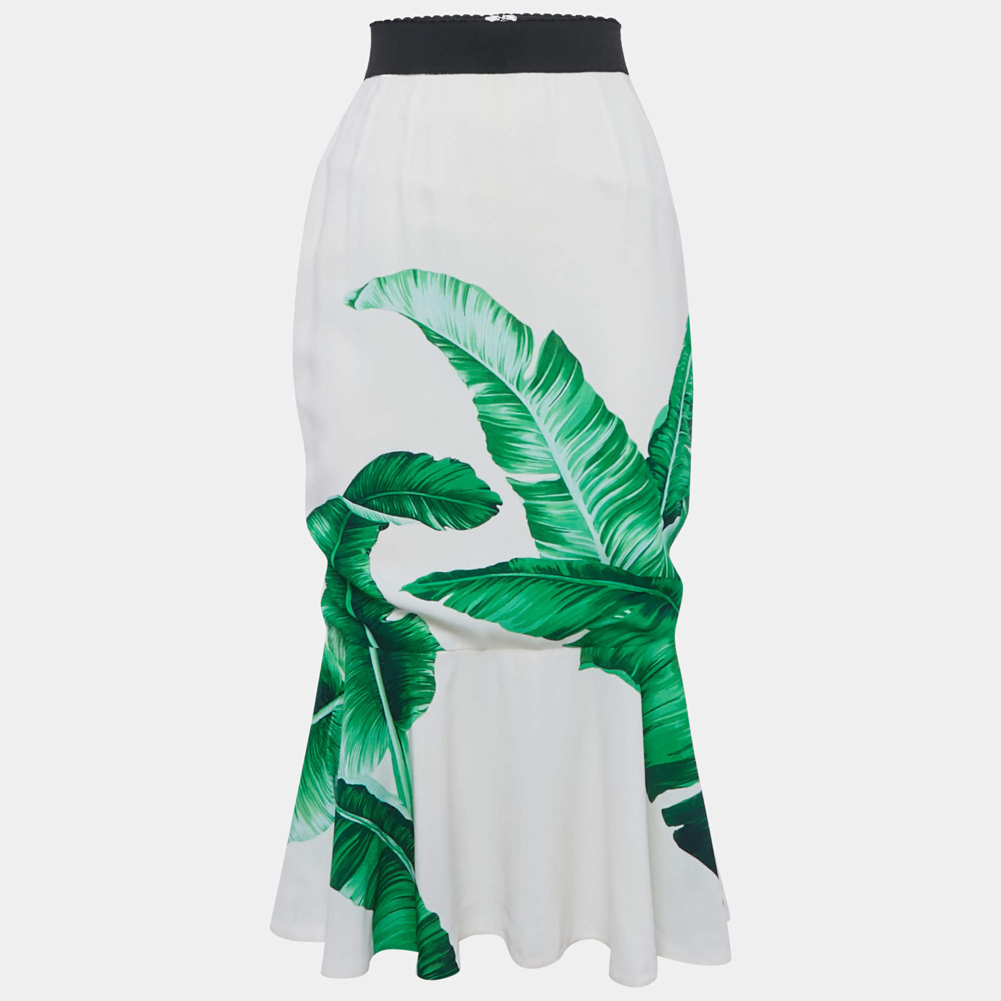 Dolce & Gabbana Ivory Banana Leaf Print Crepe Flounced Skirt S