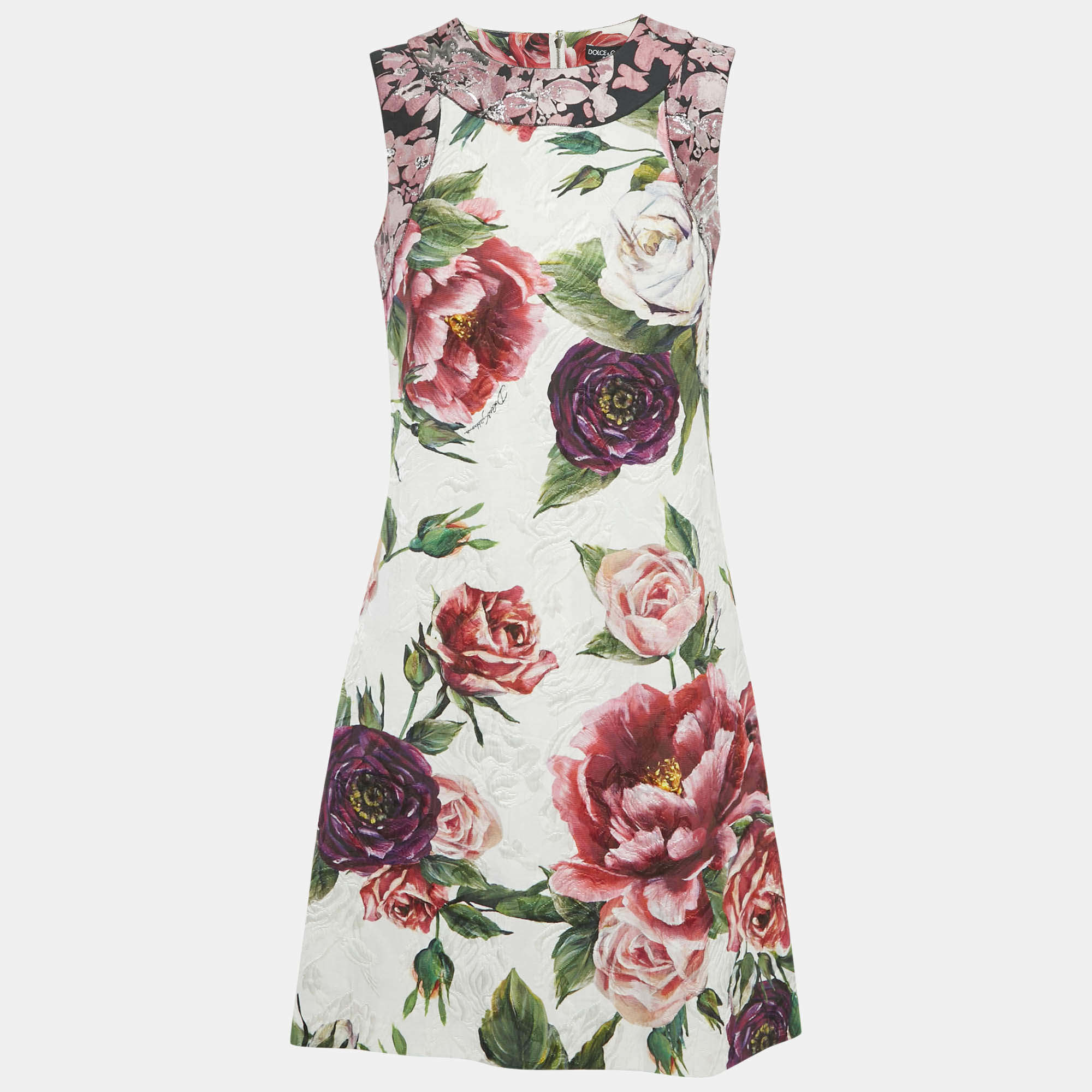 Pre Owned Dolce & Gabbana Multicolor Rose Jacquard Sleeveless Mini Dress S