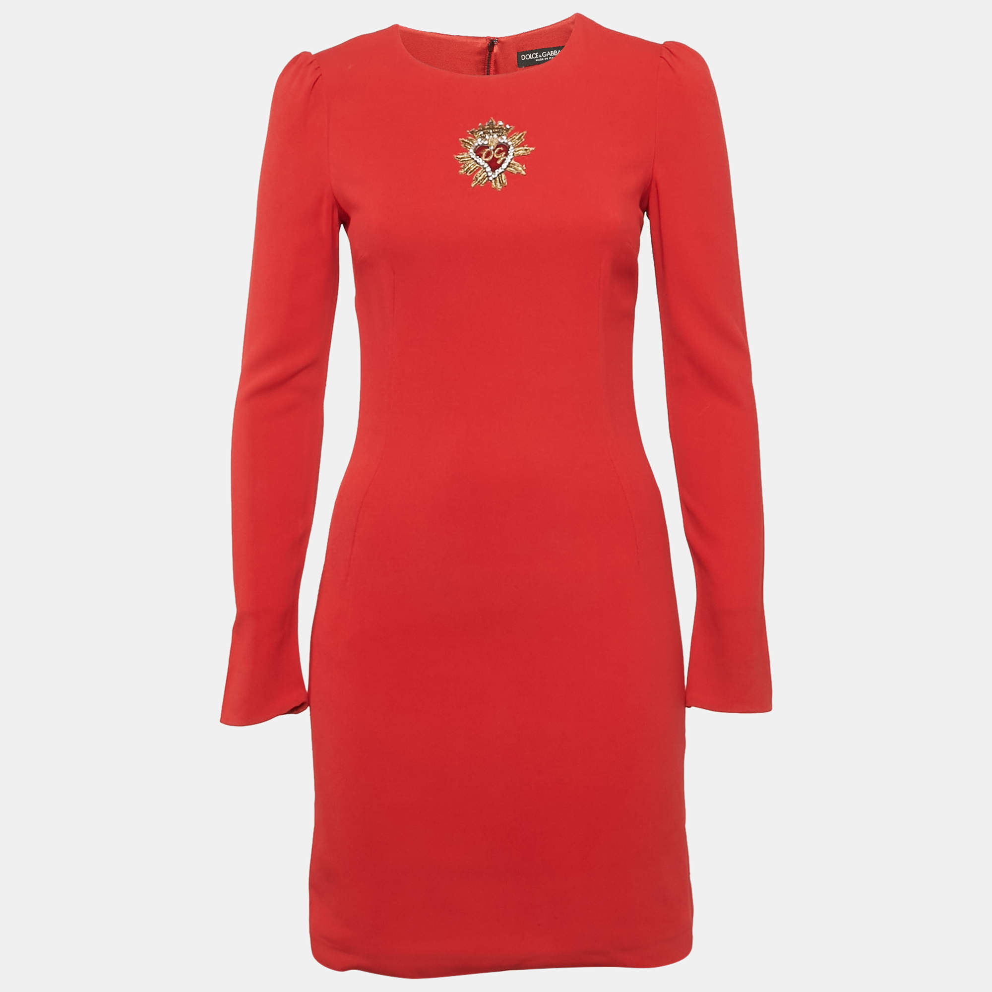 Pre Owned Dolce & Gabbana Red Crepe Logo Embellished Long Sleeve Mini Dress S