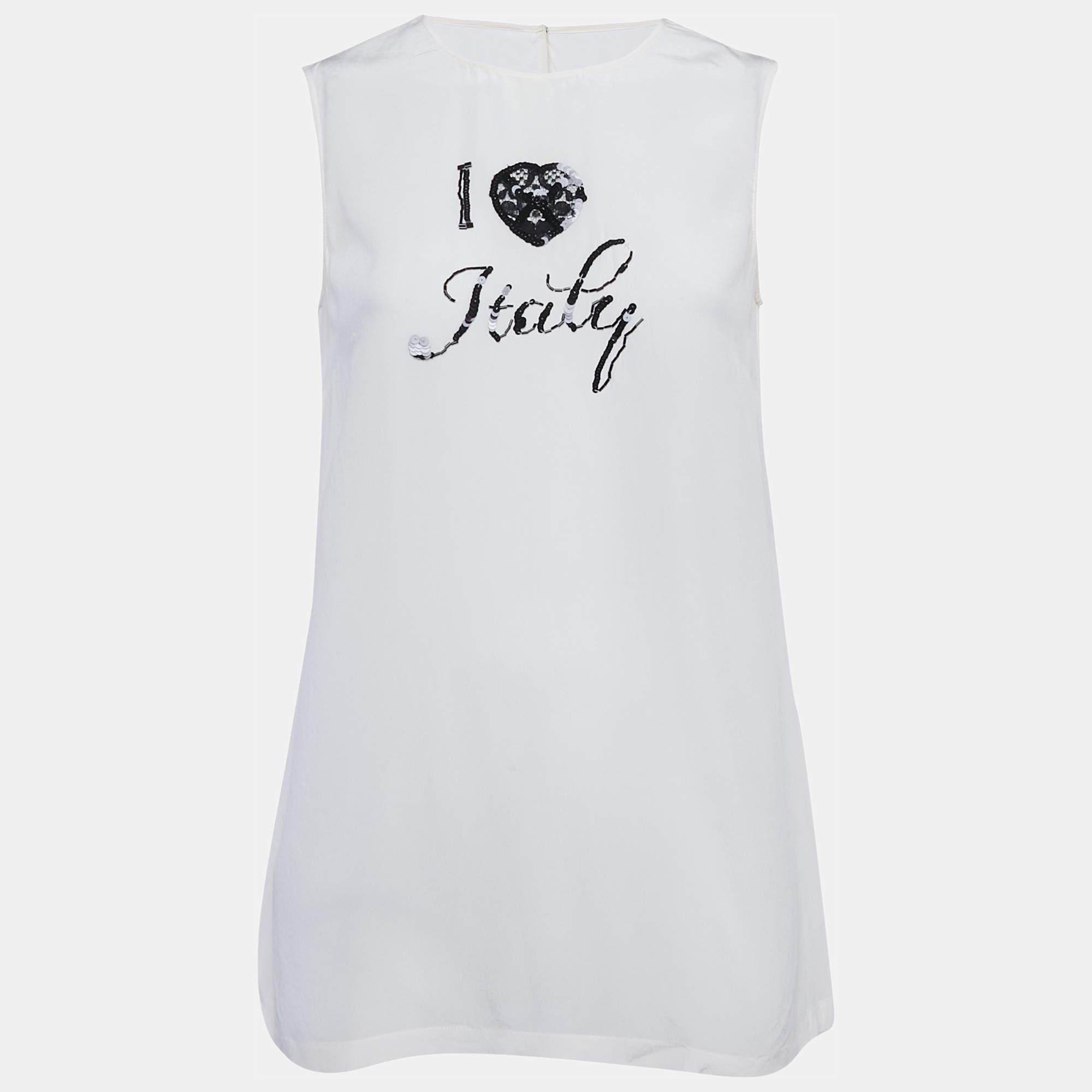 Pre Owned Dolce & Gabbana Cream I Love Italy Silk Top S