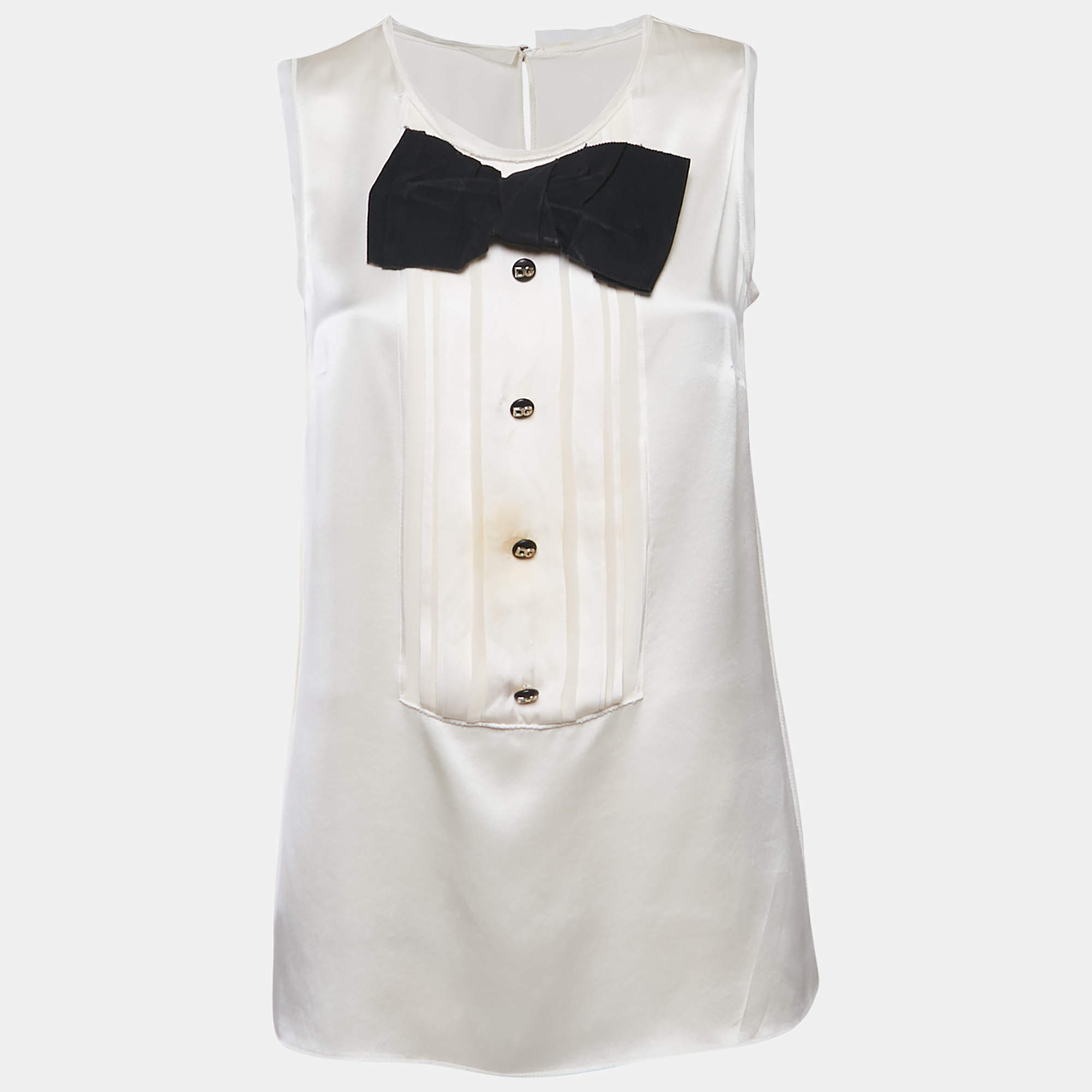 Pre Owned Dolce & Gabbana White Silk Satin Pintuck Detail Sleeveless Top M