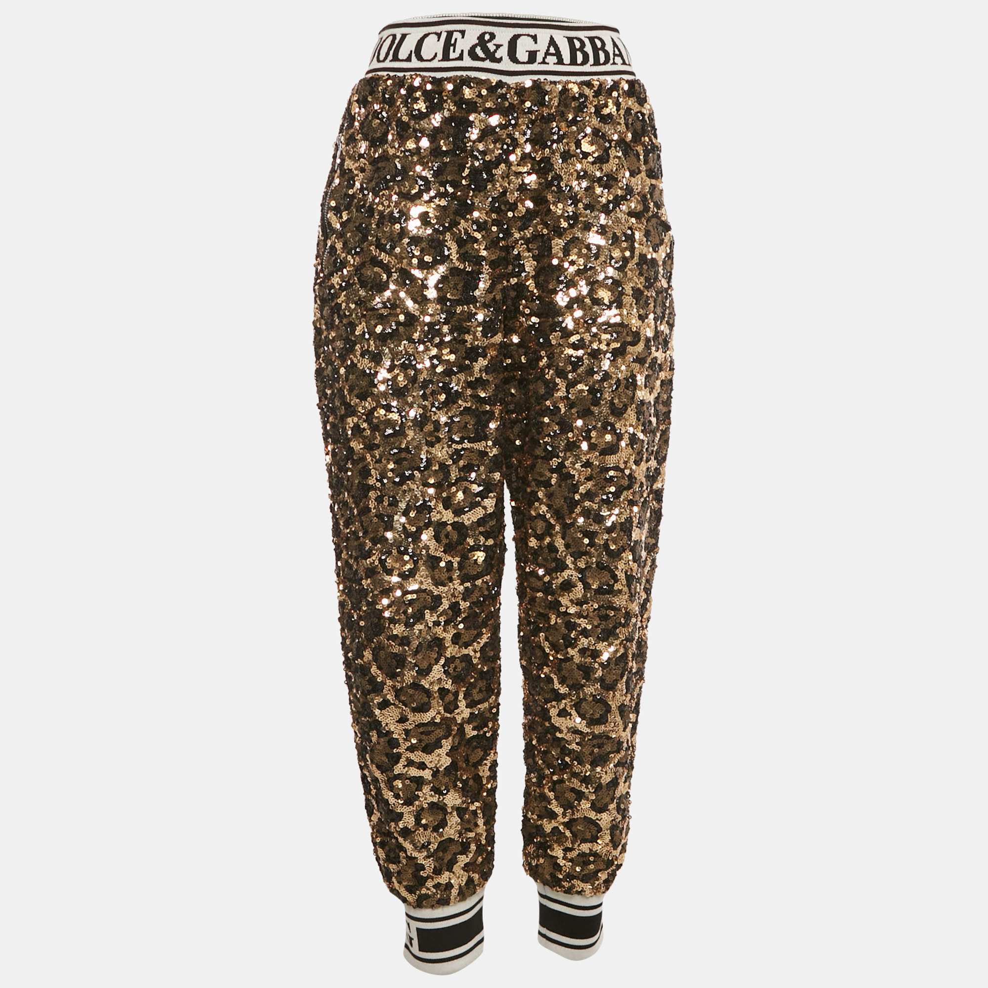 Dolce & Gabbana Gold/Black Sequin Logo Waistband Jogger Pants M