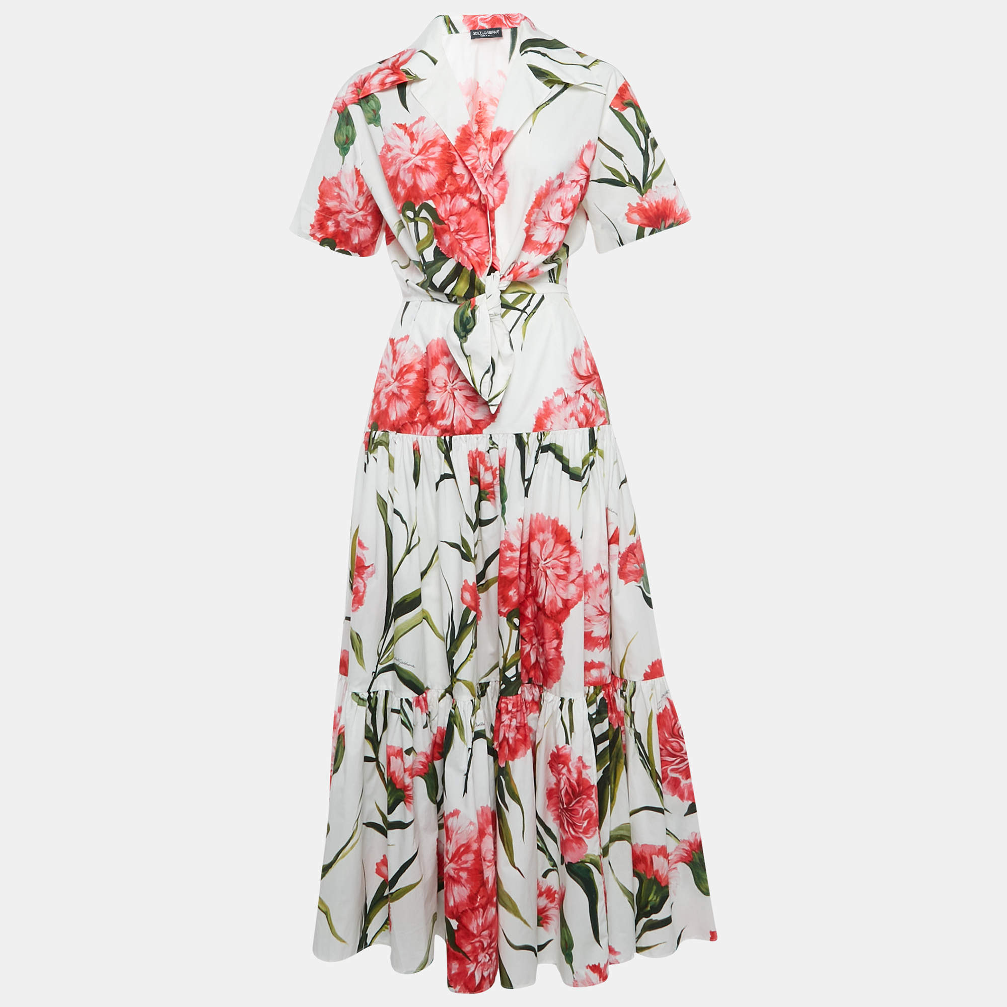 Pre Owned Dolce & Gabbana White Floral Printed Front Tie Cropped Shirt & Tiered Maxi Skirt M