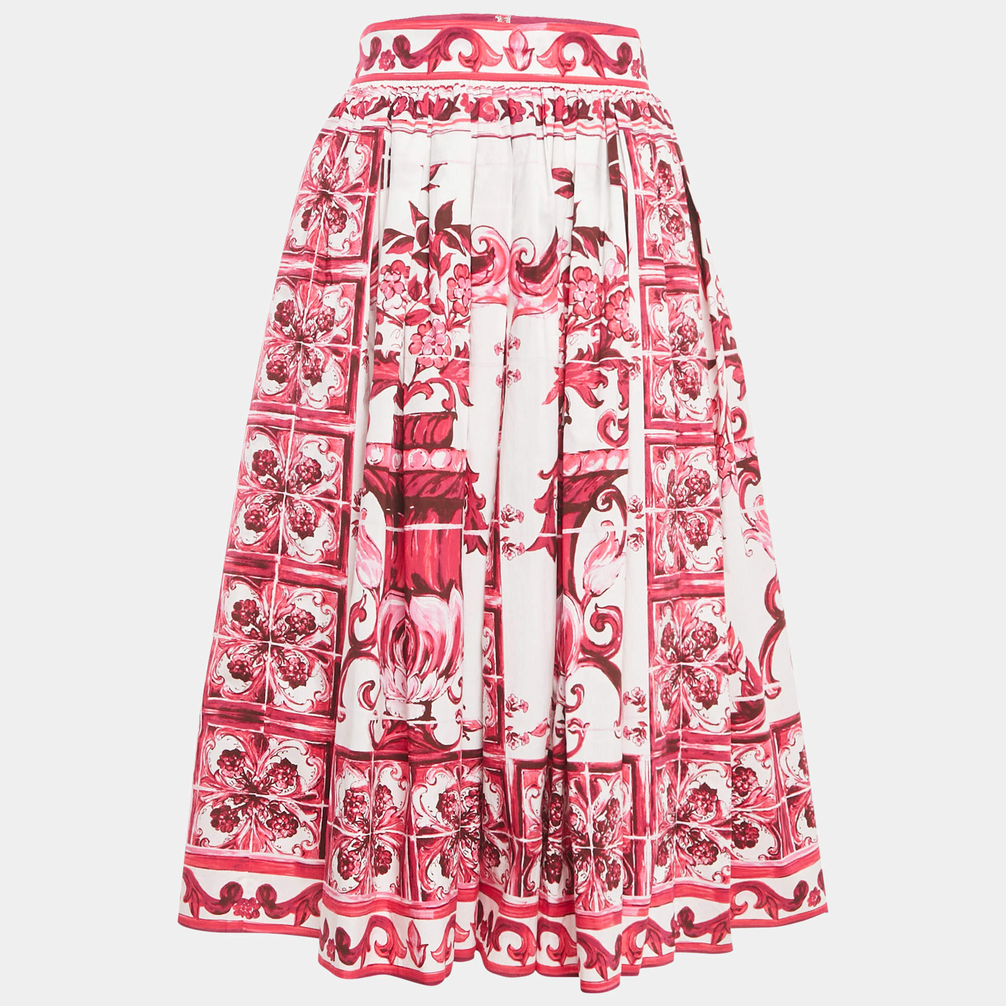 مملوكة مسبقًا Dolce & Gabbana Pink Majolica Print Poplin Midi Skirt M
