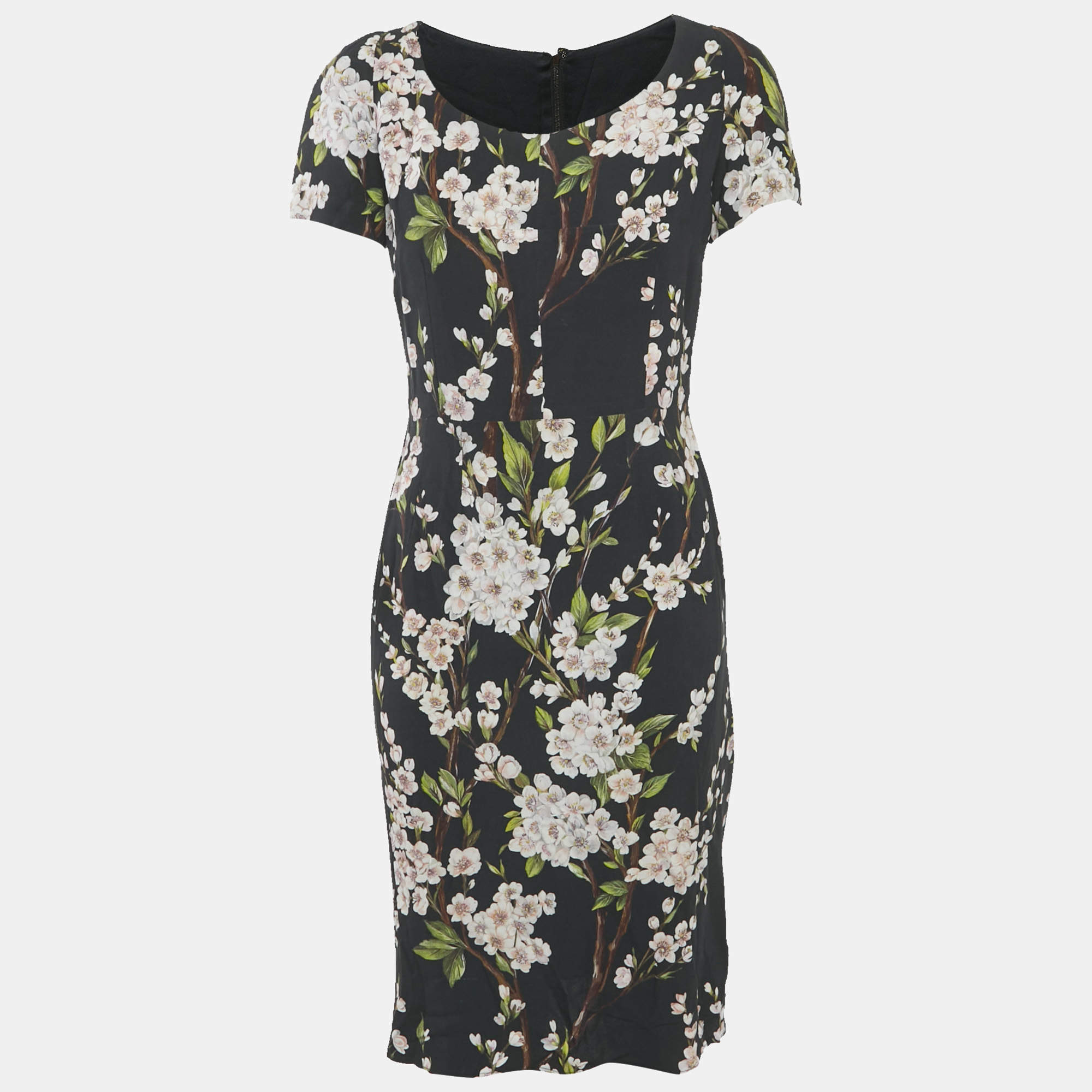Pre Owned Dolce & Gabbana Black Floral Print Crepe Knee-Length Dress M
