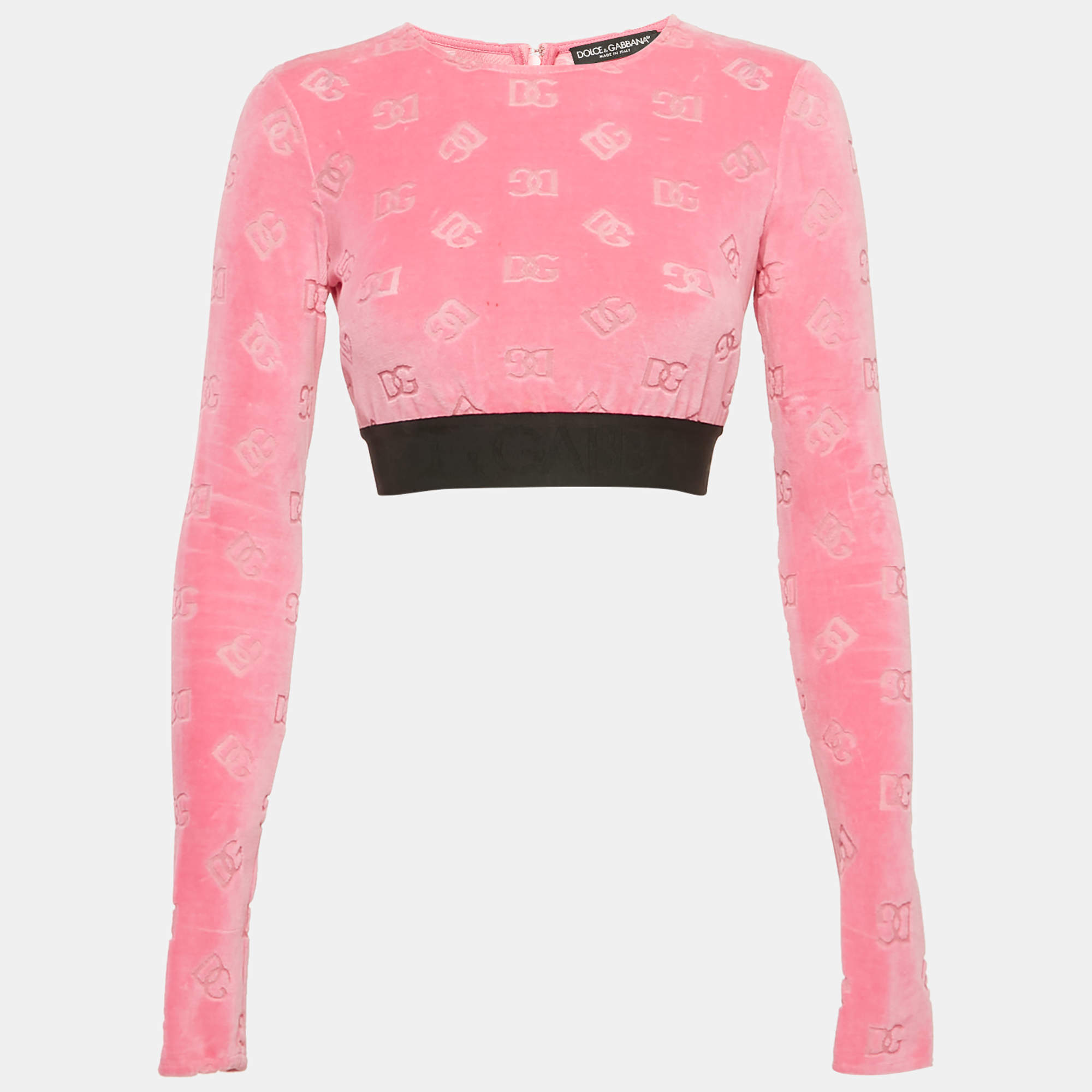 Pre Owned Dolce & Gabbana Pink Monogram Velvet Crop Top S
