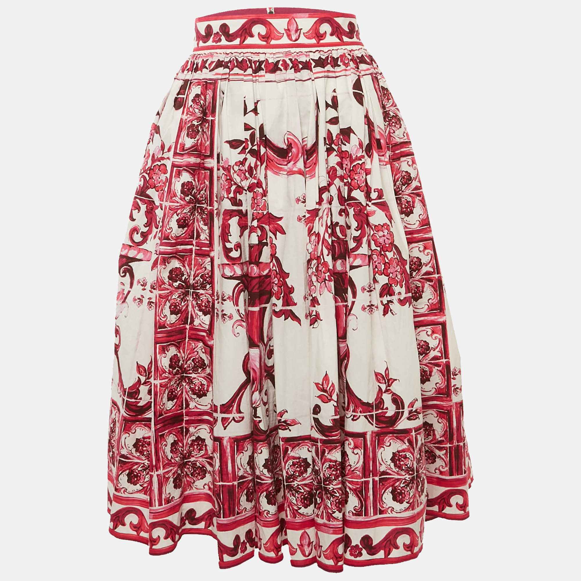 Pre Owned Dolce & Gabbana Pink Majolica Print Poplin Flared Midi Skirt M