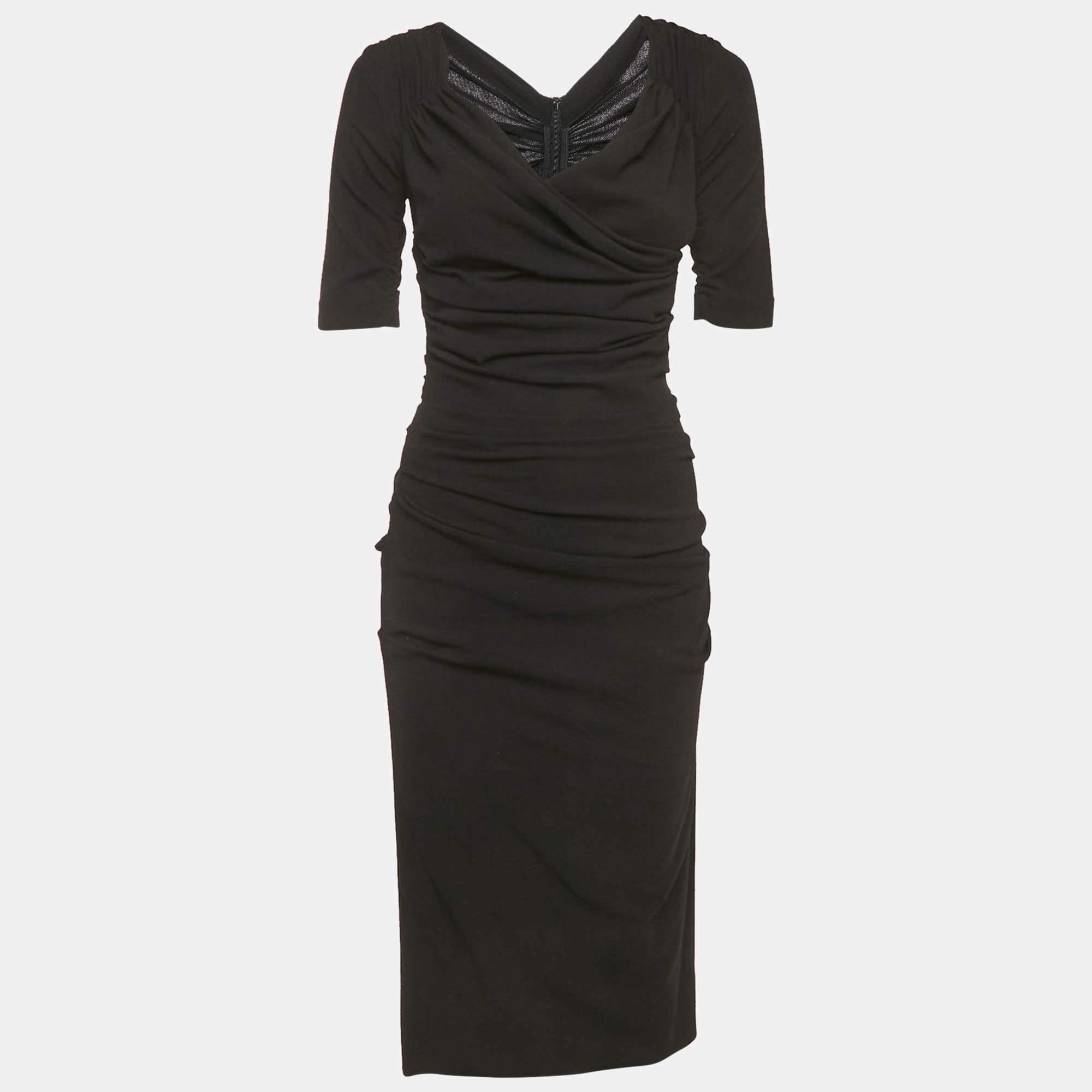 Pre Owned Dolce & Gabbana Black Stretch Crepe Wool Ruche Midi Dress S