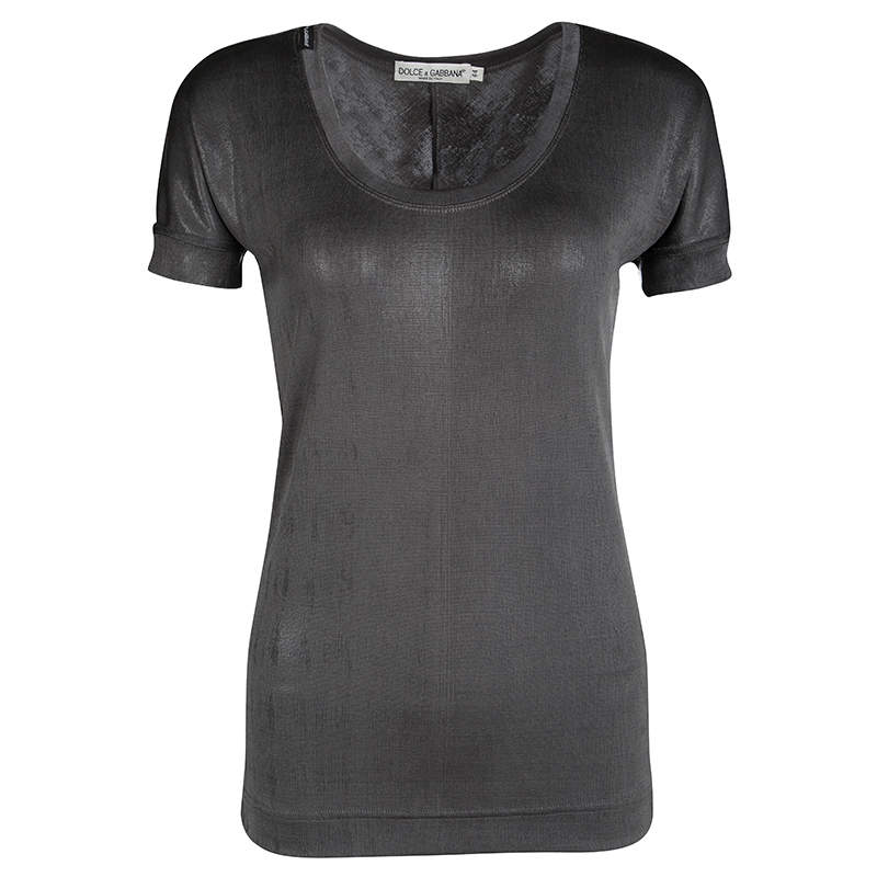 Pre Owned Dolce & Gabbana Metallic Grey Short Sleeve Stretch Top M