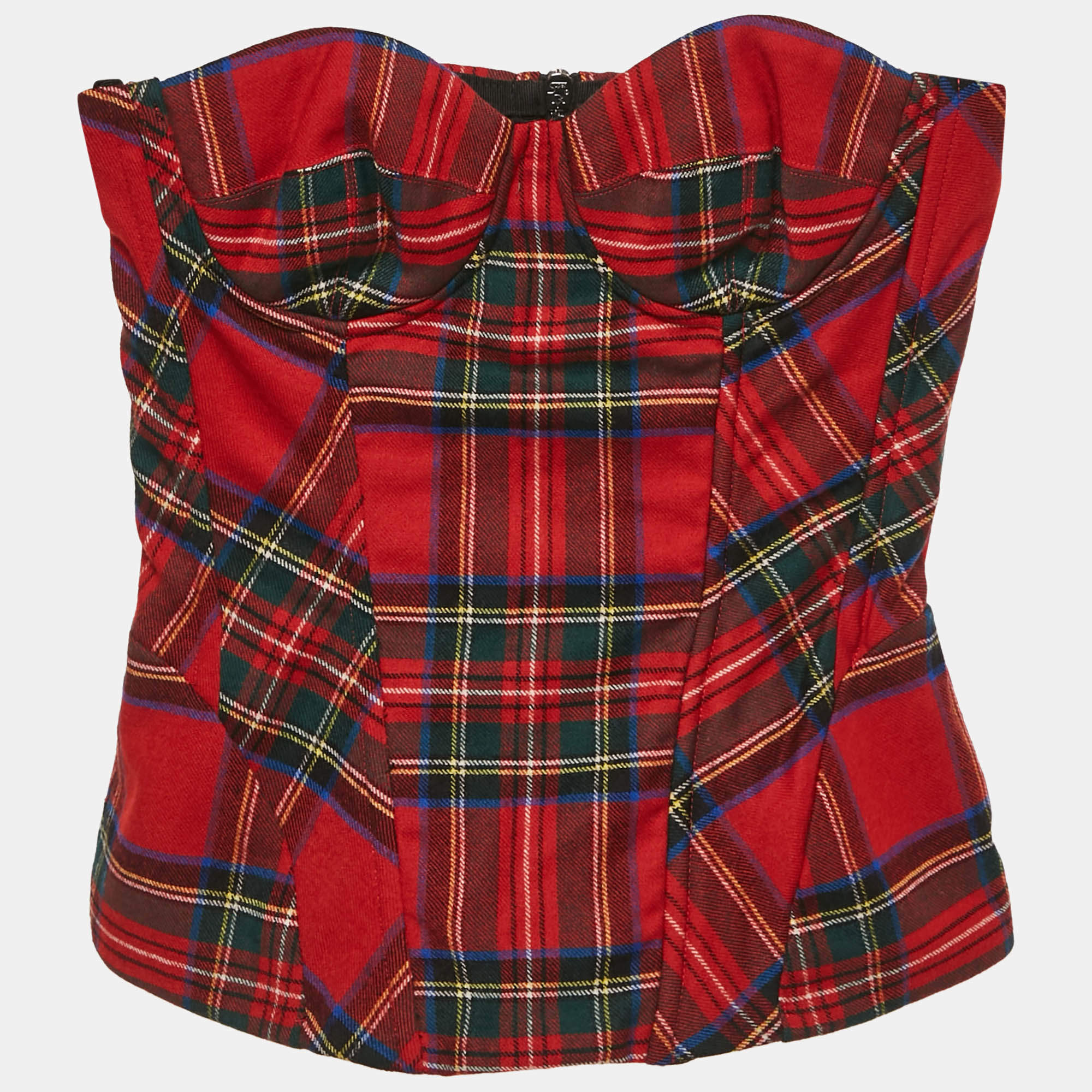 Pre Owned D&G Red Plaid Wool Corset Bustier Top S