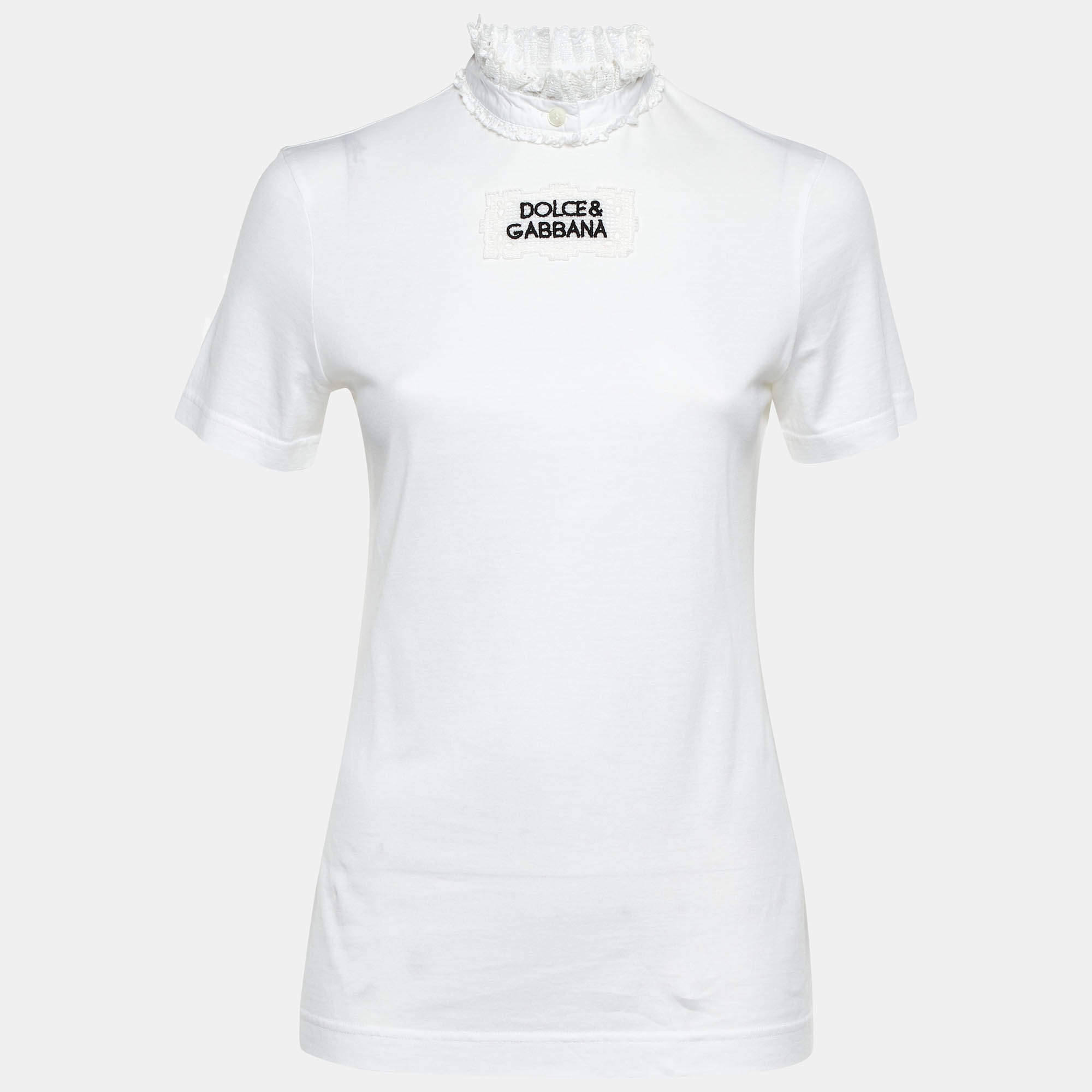 Pre Owned Dolce & Gabbana White Logo Cotton Ruffled Collar T-Shirt S