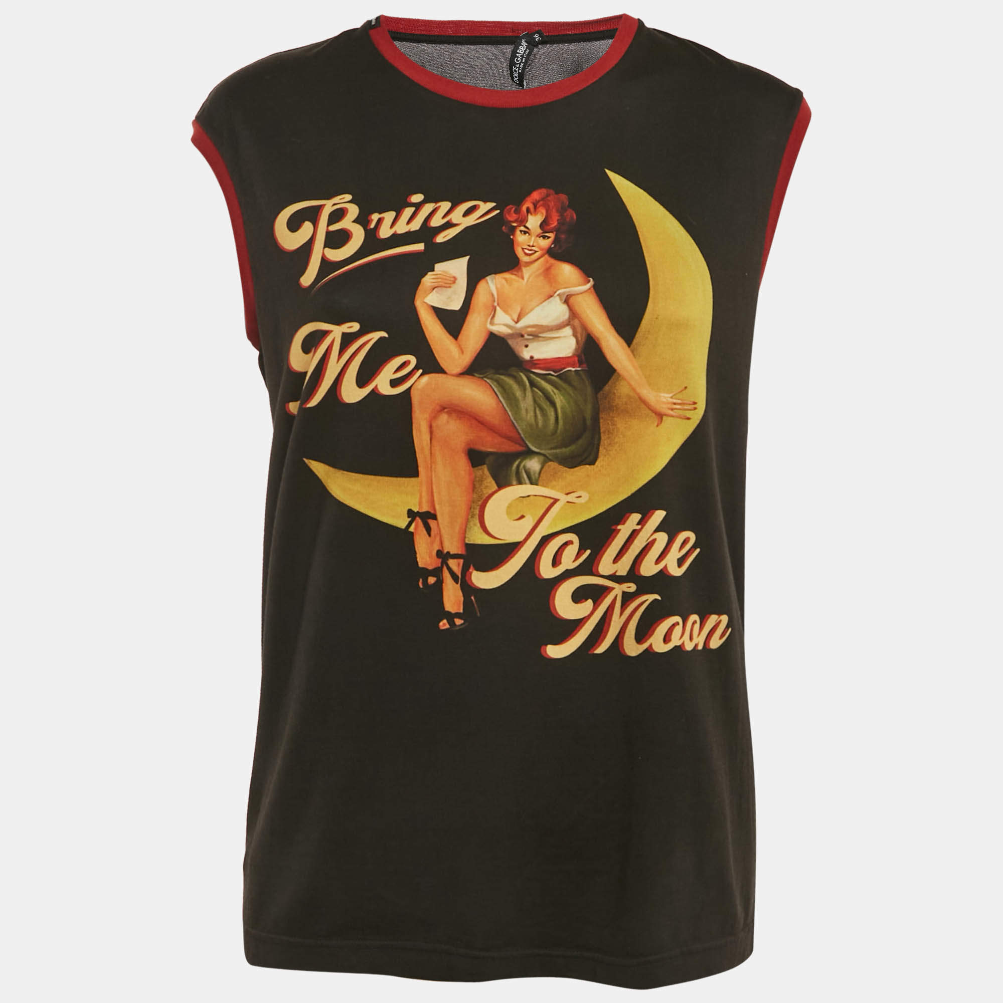 Pre Owned Dolce & Gabbana Black Bring Me To The Moon Print Jersey Sleeveless Top XS