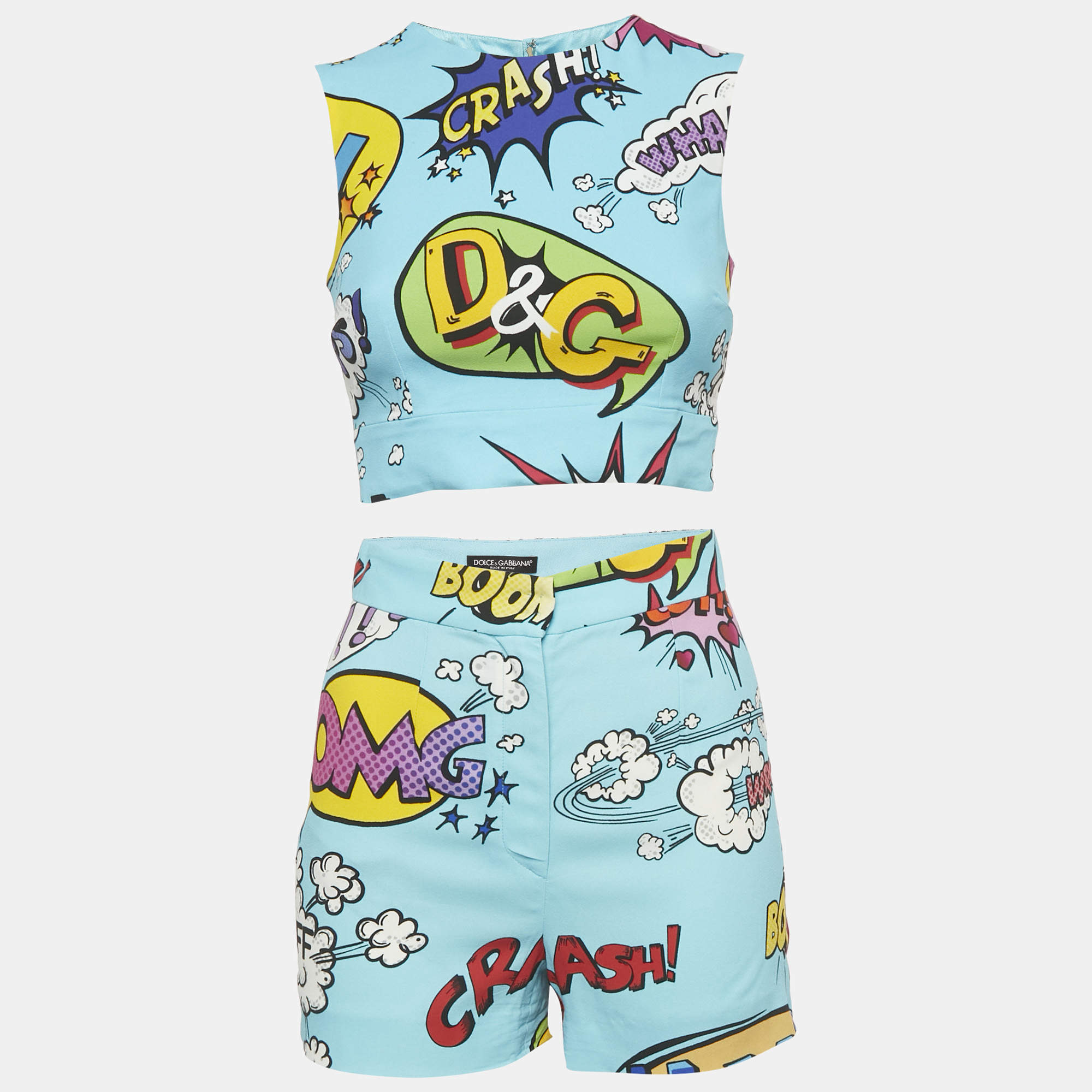 Pre Owned Dolce & Gabbana Blue Printed Crepe Sleeveless Crop Top & Shorts Set S