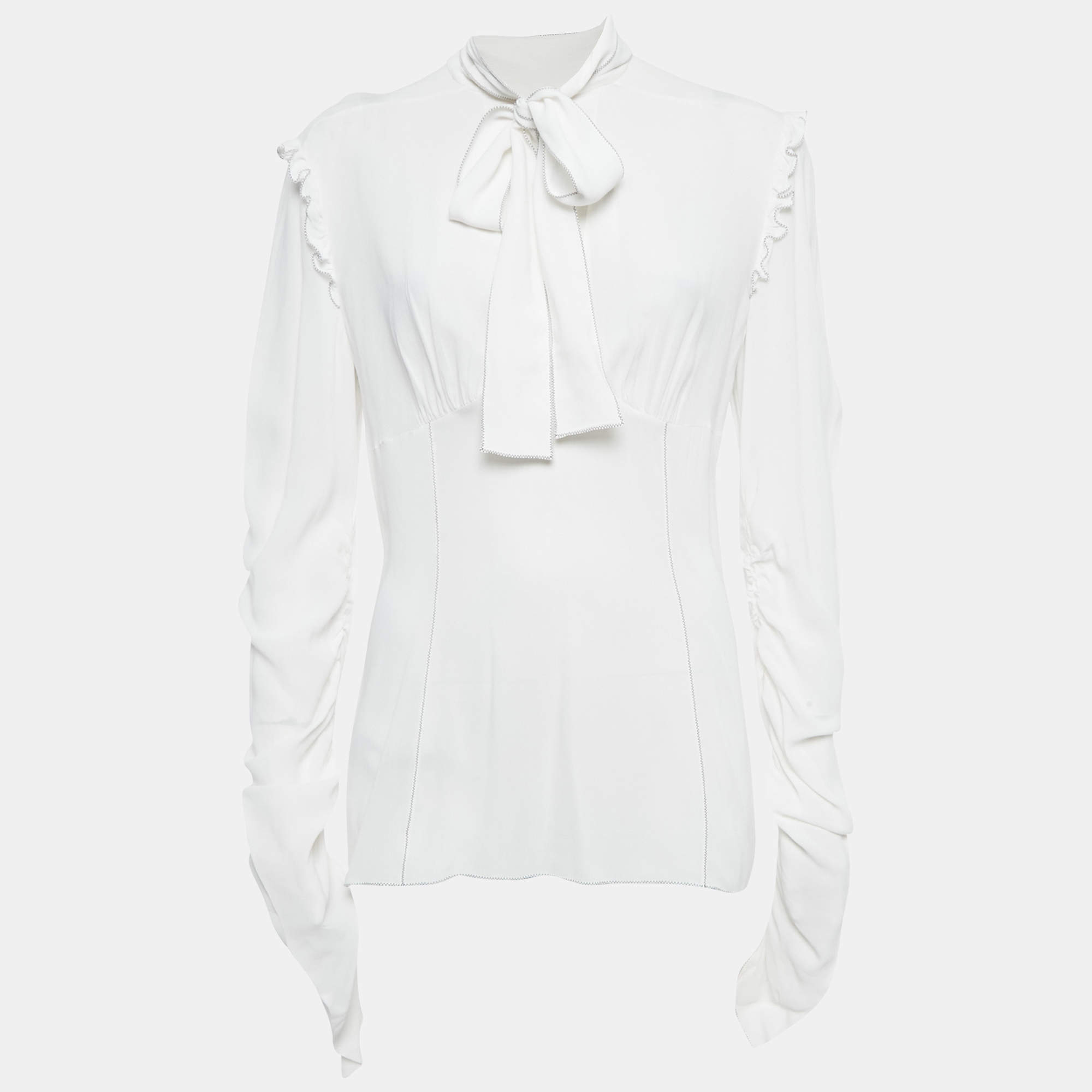 Pre Owned Dolce & Gabbana White Crepe Ruffled Tie-Up Detail Blouse M