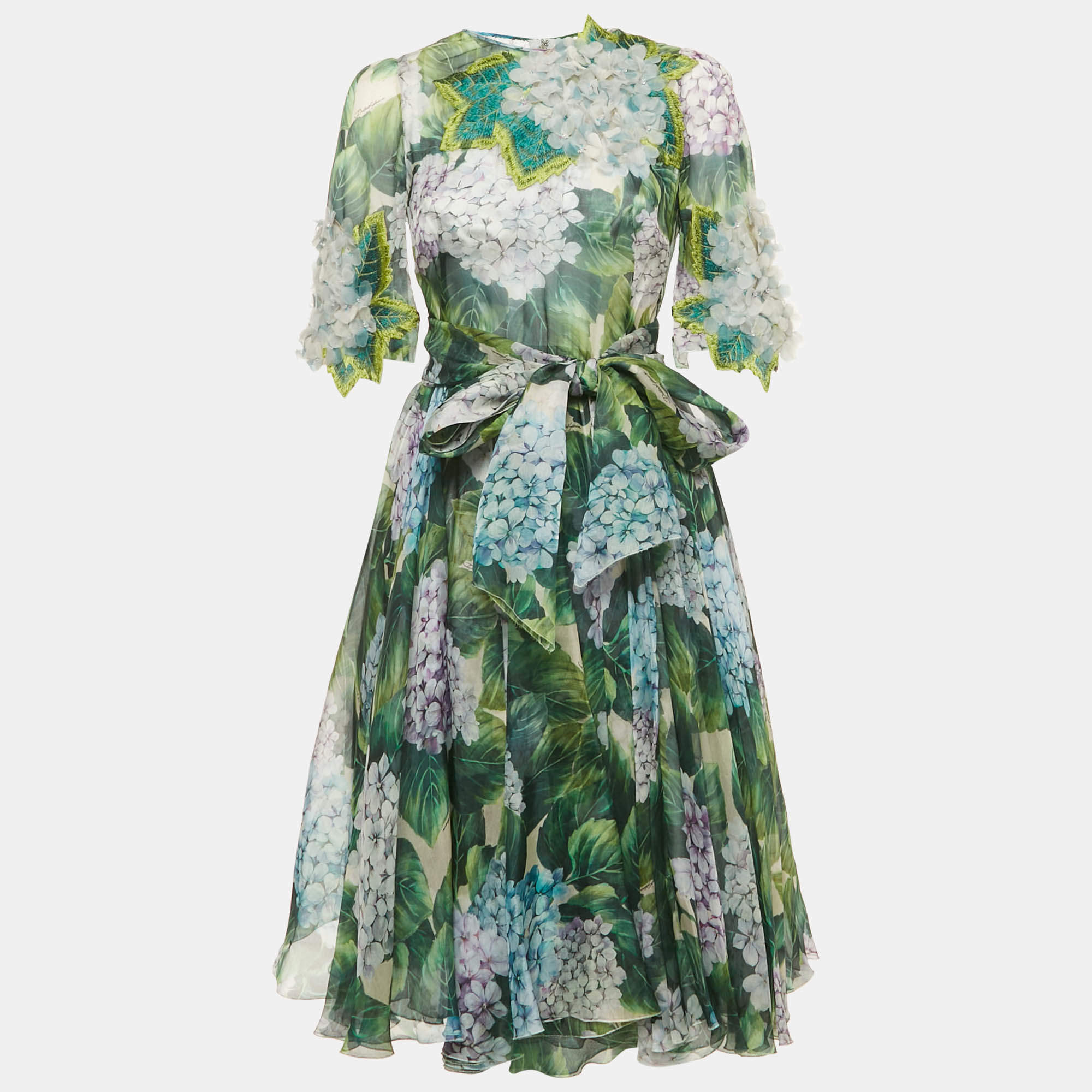 Pre Owned Dolce & Gabbana Green Hydrangea Print Organza Silk Midi Dress S