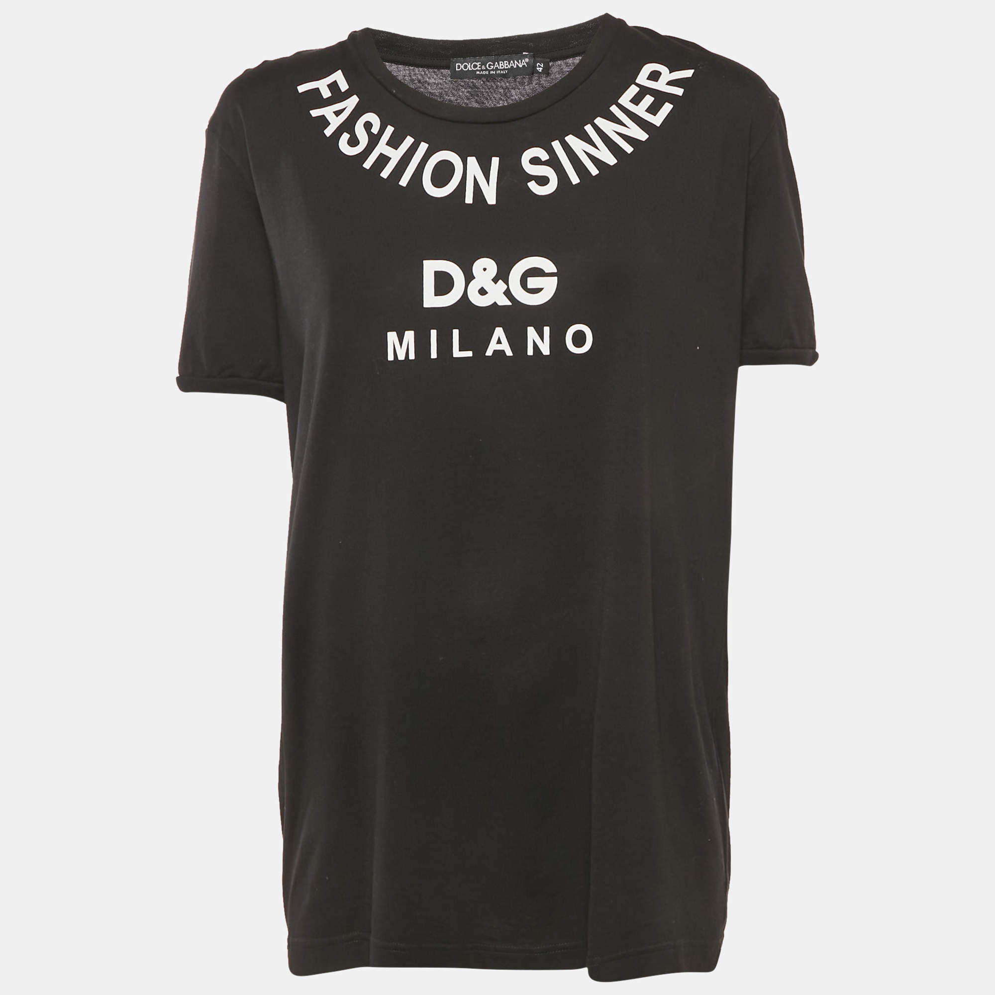 Pre Owned Dolce & Gabbana Black Printed Cotton Crew Neck T-Shirt M