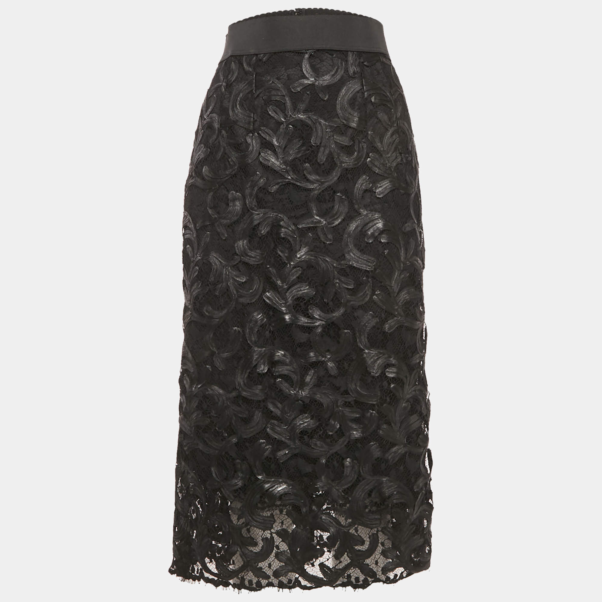 Pre Owned Dolce & Gabbana Black Lace Midi Skirt S