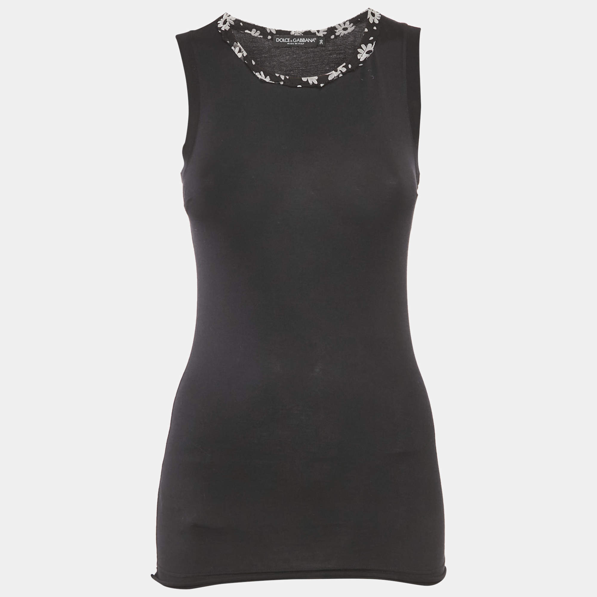 Pre Owned Dolce & Gabbana Black Floral Silk Trim Jersey Sleeveless Top XS