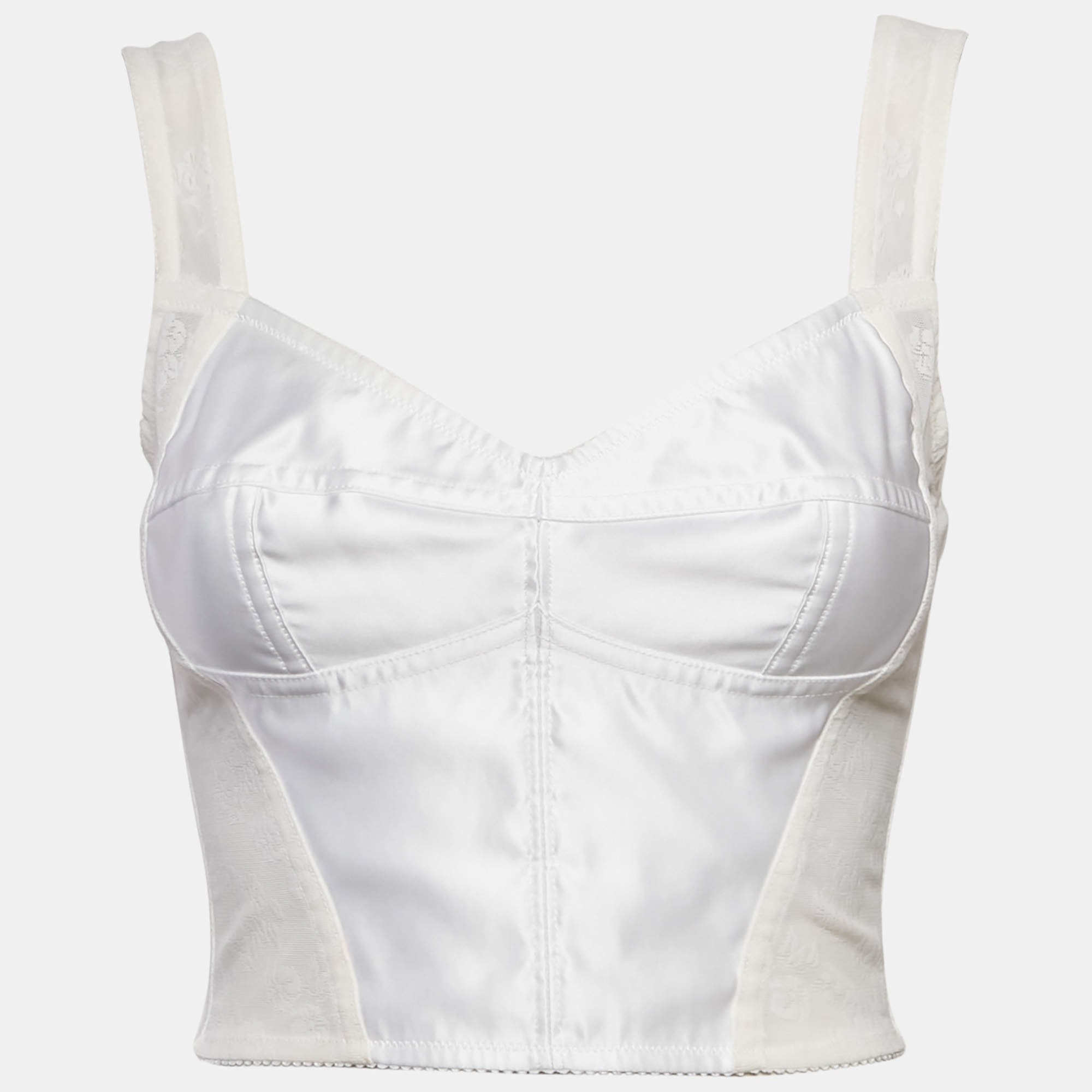 Pre Owned Dolce & Gabbana White Mesh and Satin Bustier Top XS