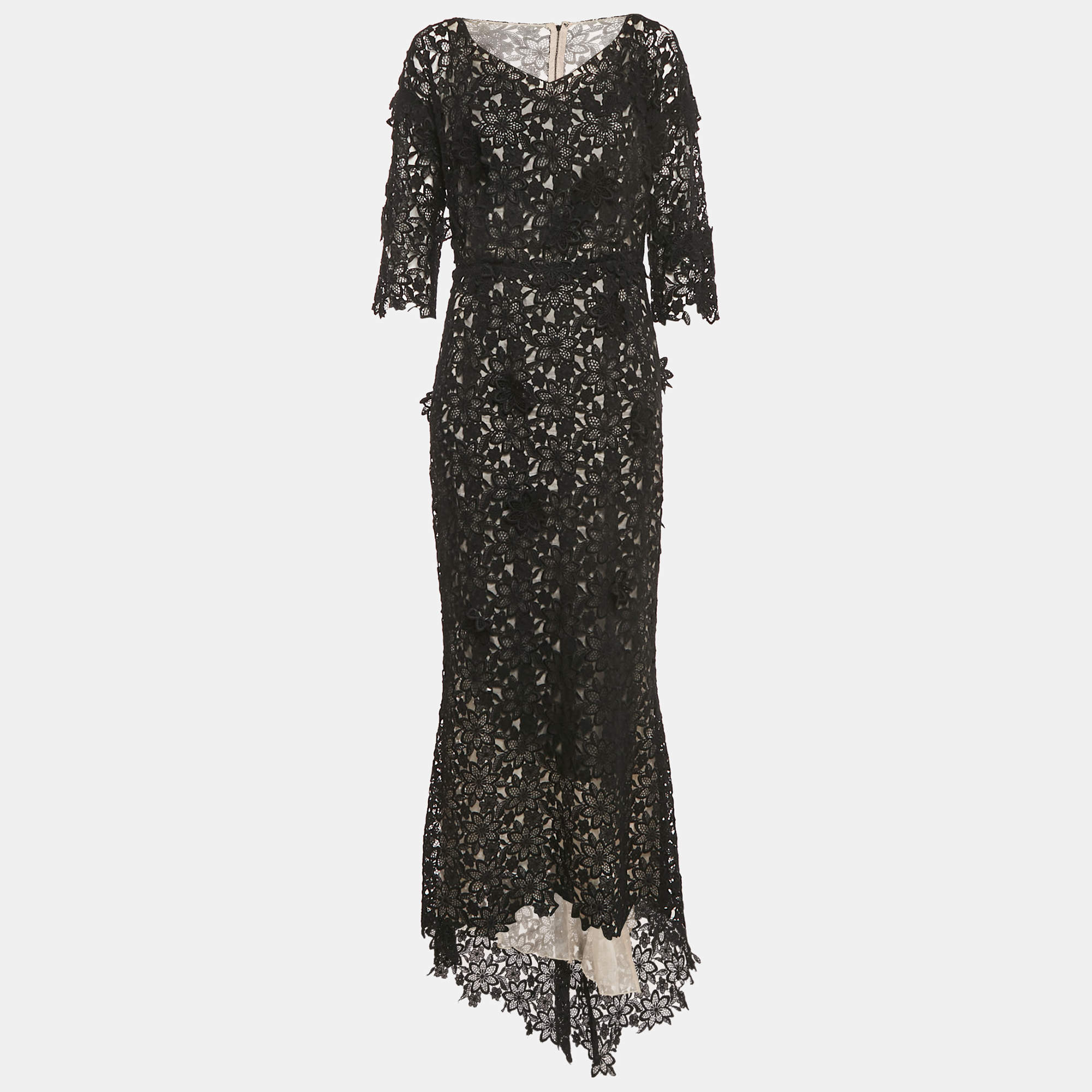 مملوكة مسبقًا Dolce & Gabbana Black Floral Lace Long Sleeve Maxi Dress L